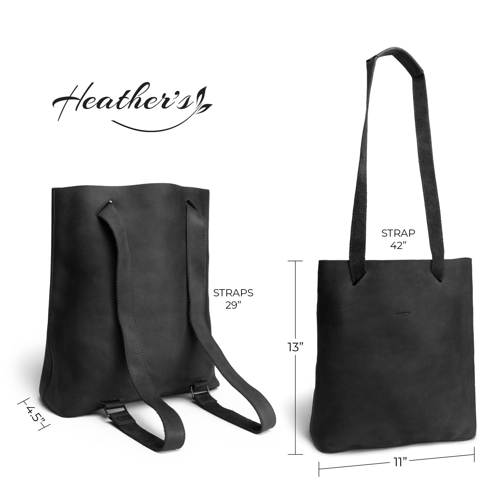 Design specifications of Heather's Convertible Backpack to Shoulder Bag in black, showing detailed measurements and features. This Full Grain Leather bag is a spacious crossbody for women, highlighting handmade artistry from La Antigua Guatemala & Oaxaca Mexico.