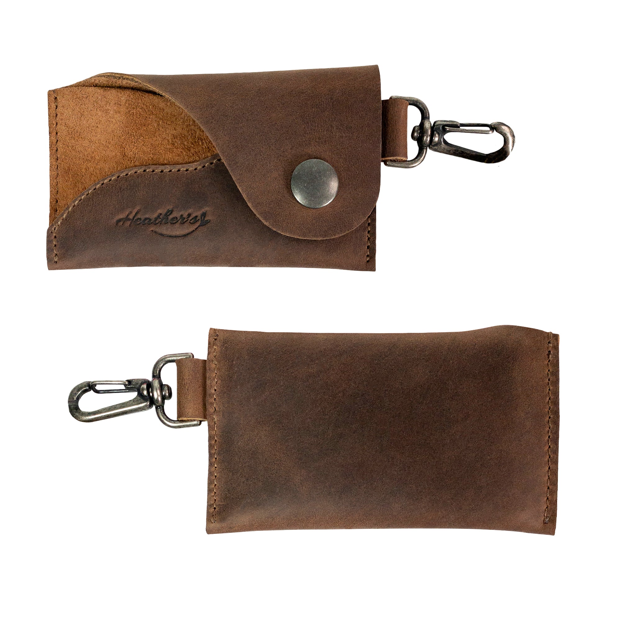 Two views of the Heather's Female Wallet with Wristlet, showcasing its ID case with wrist strap and sleek design. This money holder is crafted from full grain leather, perfect as a travel organizer, and is handmade in La Antigua Guatemala and Oaxaca Mexico with small batch production techniques.