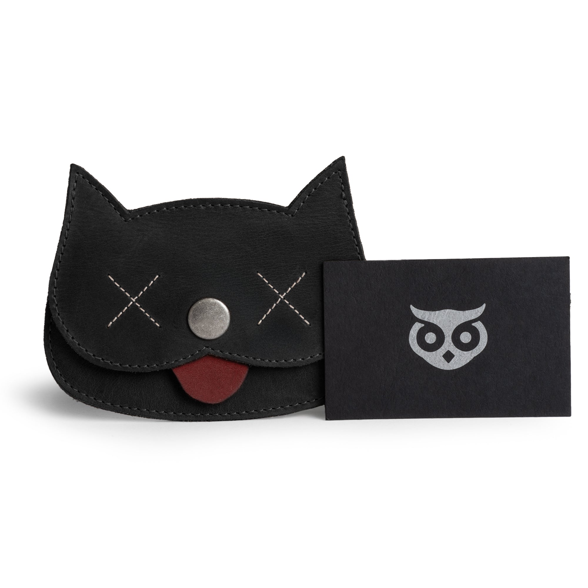 Hide & Drink Leather Cat Wallet in sleek black leather. This Full Grain Leather Cat-Shaped Wallet serves as a sophisticated Coin Case and Money Holder, handmade by artisans in La Antigua Guatemala & Oaxaca Mexico.