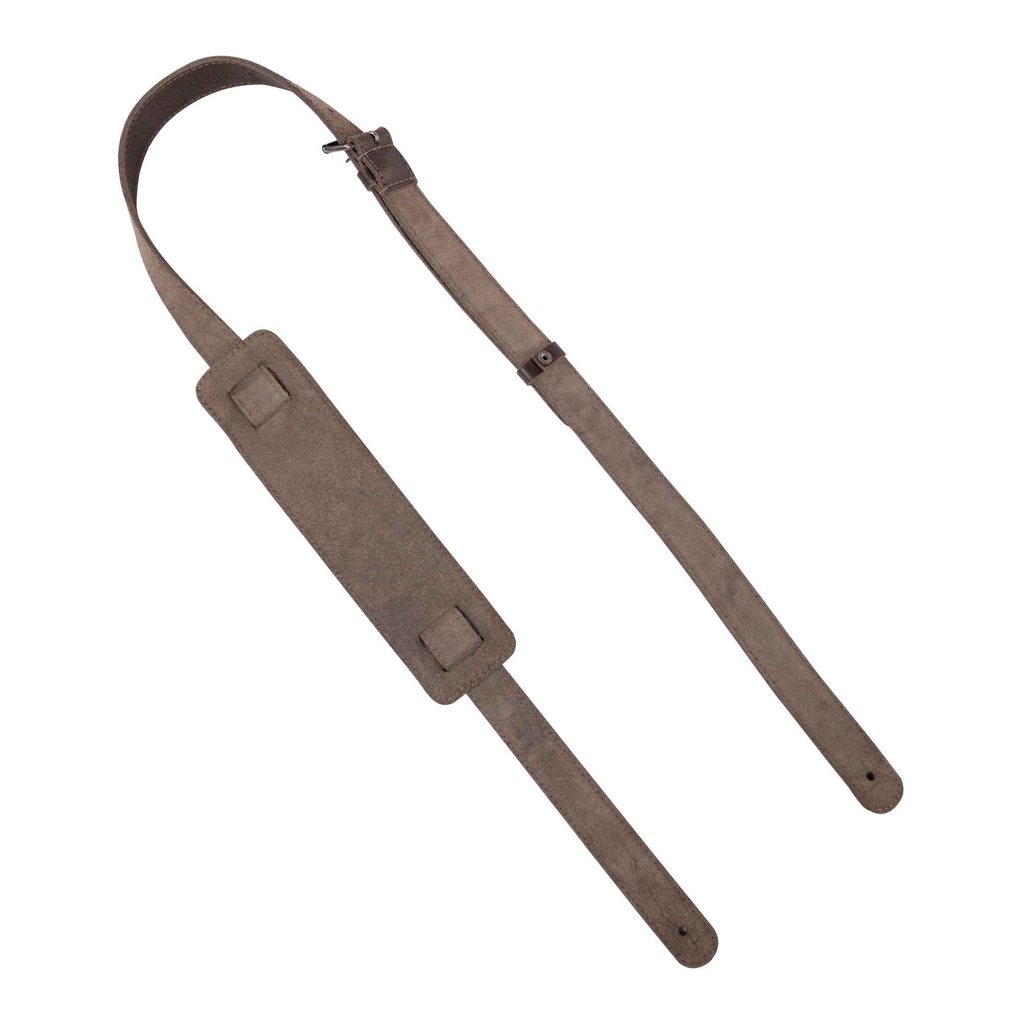 The tocame Adjustable Guitar Strap displayed flat, emphasizing its adjustable features and premium full grain leather quality. This strap is hand cut and hand sewn, tailored for both electric and acoustic guitar players.