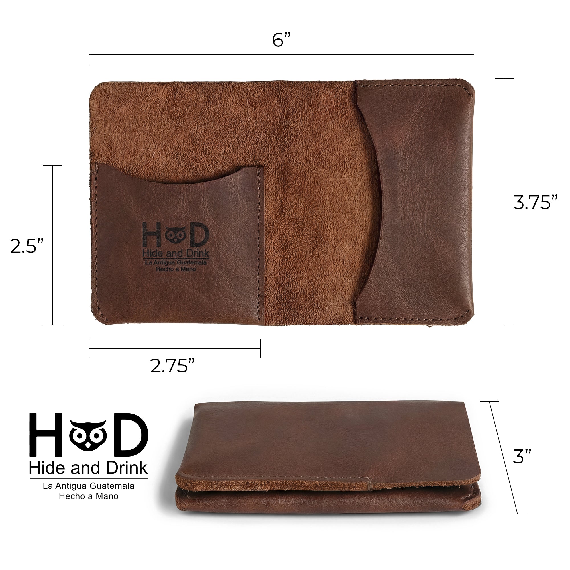 Close-up of the dimensions of Hide & Drink's Bifold Slim Card Holder, measuring 6 inches by 3.75 inches. This compact wallet facilitates efficient credit card storage and cash organization. Made from full grain leather, it offers a durable and timeless design, showcasing artisan production from La Antigua Guatemala.