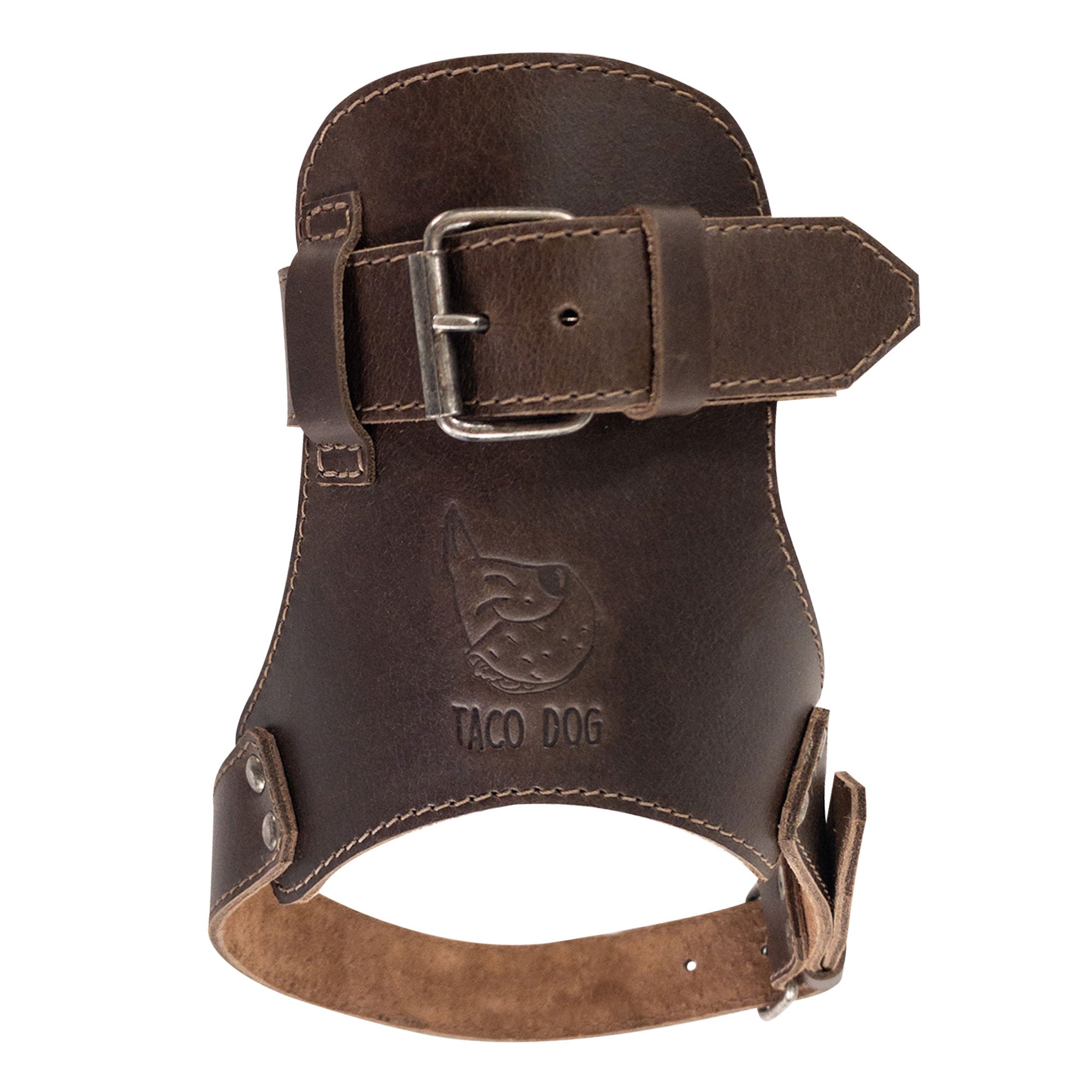 Front view of the Adjustable Dog Muzzle by Taco Dog with fire branded logo, emphasizing its sturdy construction and full grain leather. This artisan-made muzzle prevents chewing while adding a rustic touch to your pet's accessories.