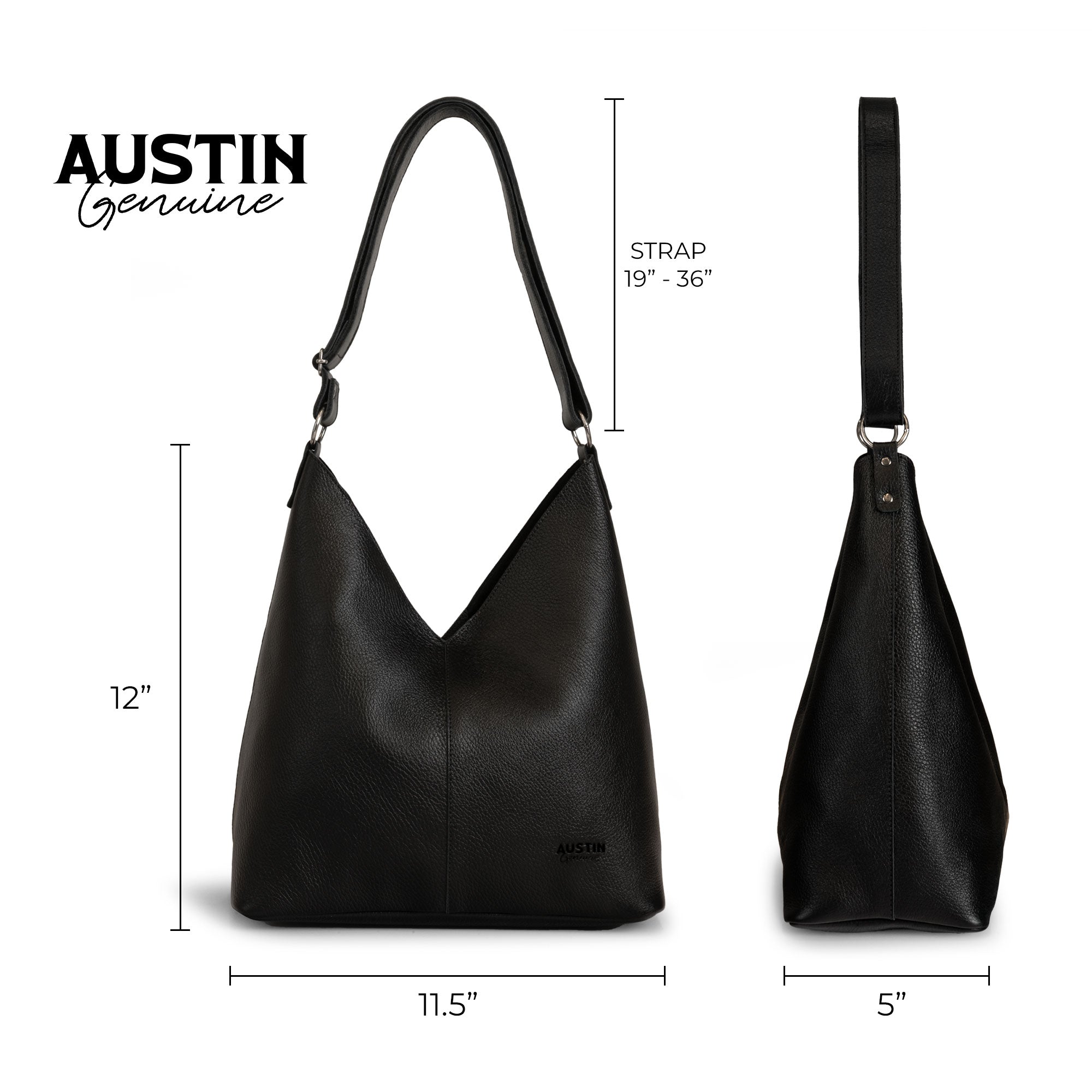 Close-up of Austin Genuine The Tarrytown Hobo Bag filled with a tablet, phone, sunglasses, and wallet in its roomy interior. The Tarrytown Hobo Bag Full Grain Leather, StockyardX, Small Batch Production, Hand Cut, Hand Sewn, Fire Branded, Artisan, Handmade in La Antigua Guatemala & Oaxaca Mexico.