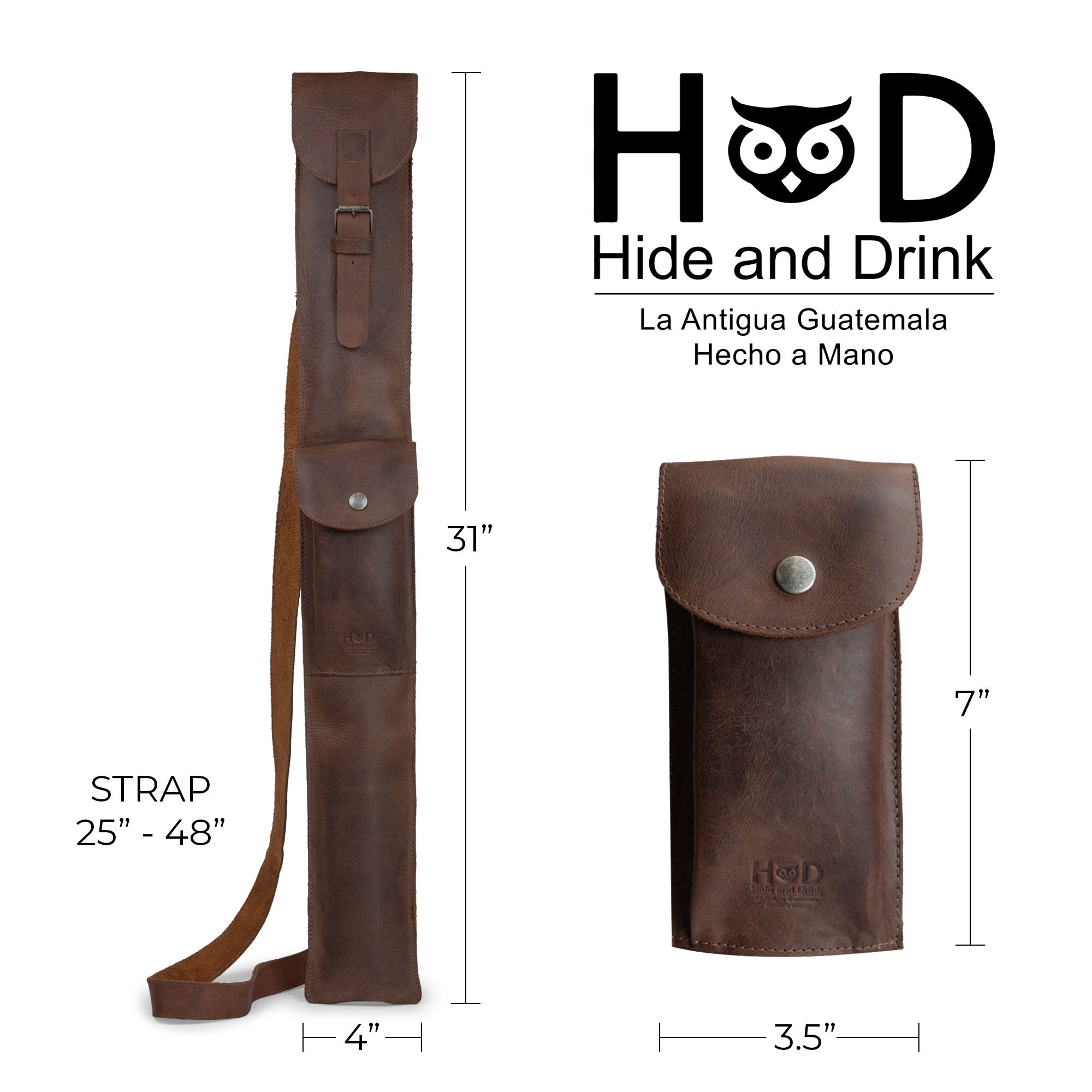 Hide & Drink Billiard/Pool Cue Case dimensions displayed alongside the logo, emphasizing its craftsmanship and adjustable strap made from full grain leather. Rustic Billiard/Pool Cue Flat Case, Stick Carrying Bag with Adjustable Strap, Full Grain Leather, StockyardX, Small Batch Production, Hand Cut, Hand Sewn, Fire Branded, Artisan, Handmade in La Antigua Guatemala & Oaxaca Mexico.