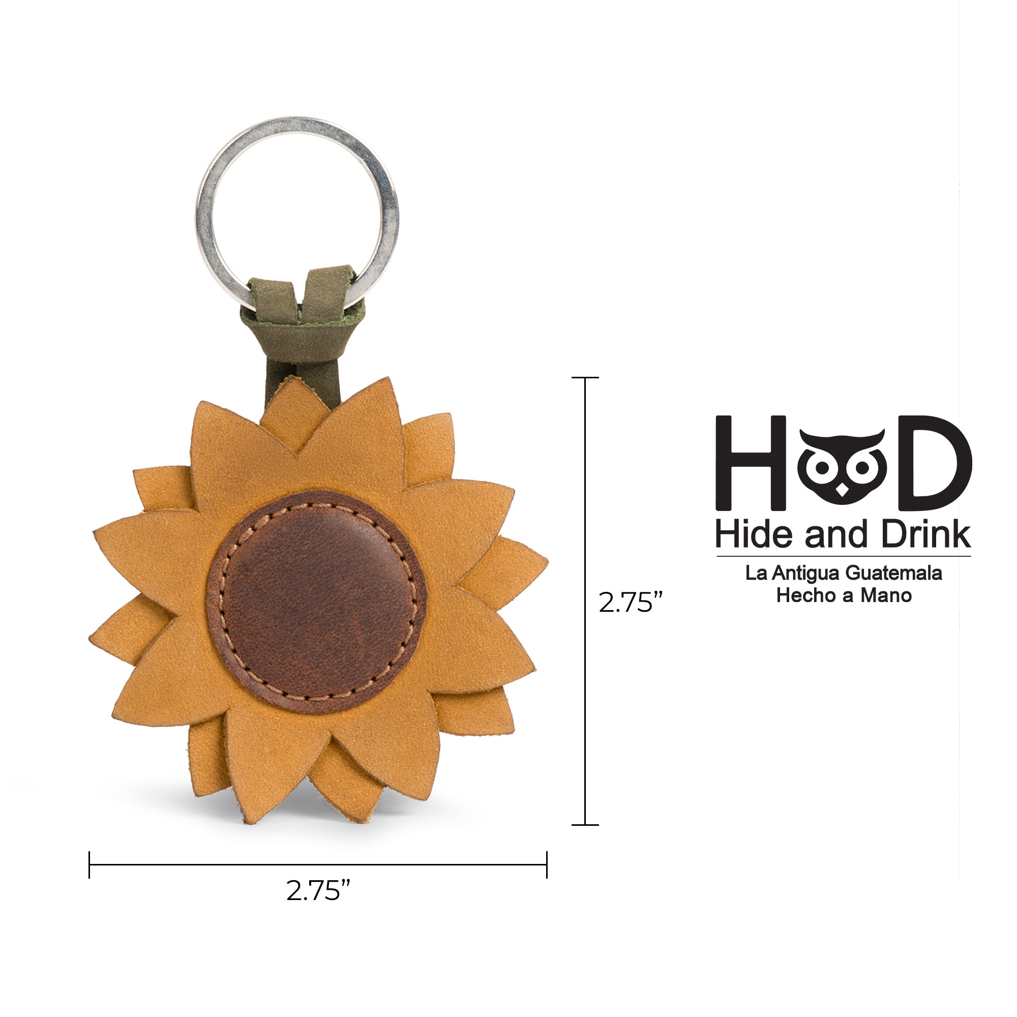 Measurement overview of the Hide & Drink Sunflower Keychain in full grain leather, showcasing its size as a stylish accessory for easy keyring attachment, handmade in Oaxaca Mexico.