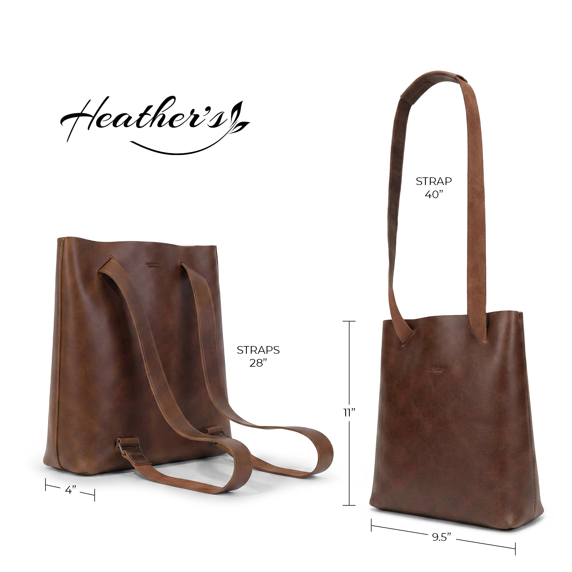 Visual comparison of Heather's Convertible Backpack to Shoulder Bag dimensions, illustrating its spacious and functional design. This stylish accessory serves as a Spacious Crossbody for Women and features a Squared Purse appearance, crafted from Full Grain Leather in a Small Batch Production process, hand cut and sewn by skilled artisans from La Antigua Guatemala & Oaxaca Mexico.