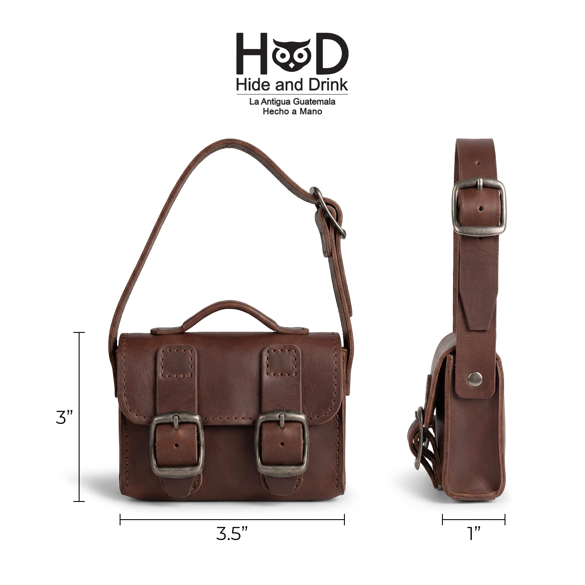 Size dimensions of the Tiny Messenger Bag by Hide & Drink, measuring 3.5 inches by 3 inches. This Mini Messenger Bag Charm is made from Full Grain Leather, designed thoughtfully for handbags or keychain use, reflecting the artisan quality of products handmade in La Antigua Guatemala.