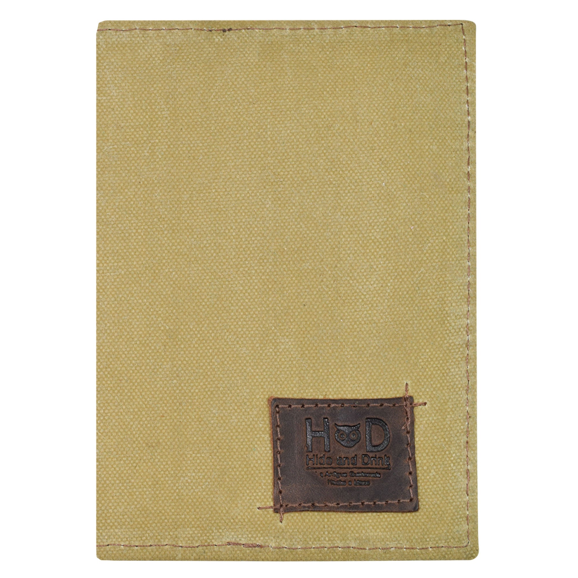 Front view of the Hide & Drink Waxed Canvas Field Notes Cover showcasing the signature stitching and branding. This durable product is perfect for anyone seeking a stylish and functional Wallet Case (3.5 x 5.5 in.) Journal Cover designed with Full Grain Leather and artisan quality.