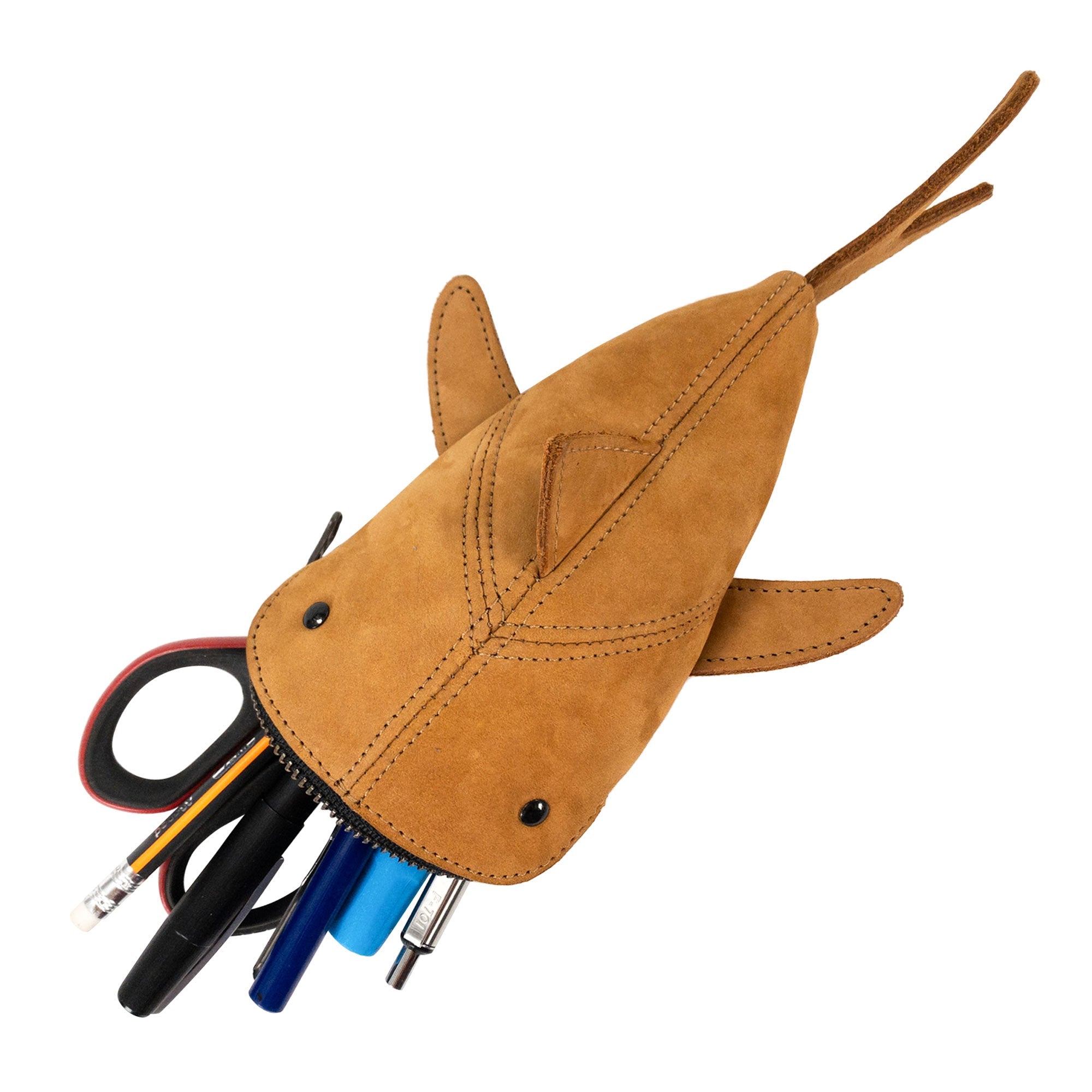 Image of the green Leather Shark Pouch by Hide & Drink, stuffed with various writing tools. This charming zippered shark shaped case functions well as a pencil purse or storage option for small items, crafted from durable full grain leather and showcasing artisan skill from La Antigua Guatemala & Oaxaca Mexico.