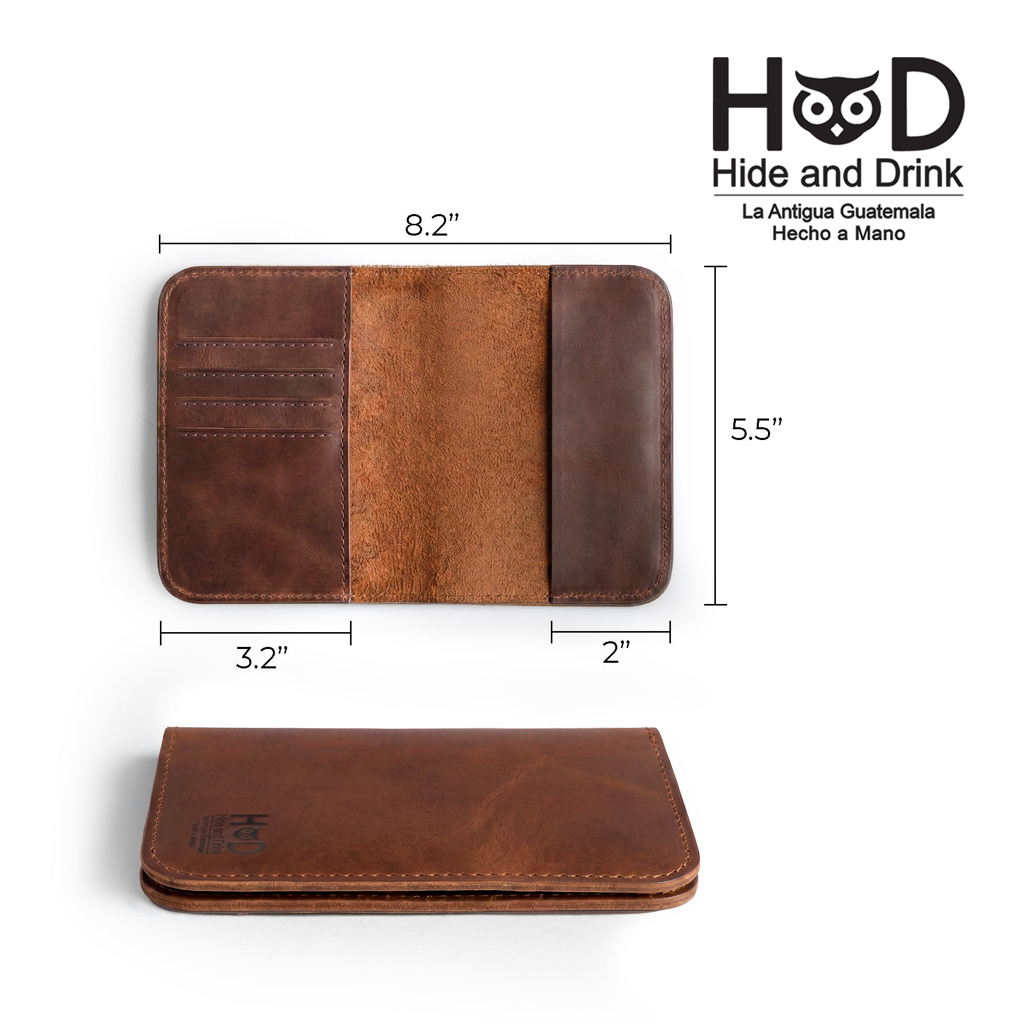 Detail shot of the Hide & Drink Travel Wallet dimensions, showing its compact size. This travel wallet is a multifunctional bifold passport case and money holder, artisan-made in La Antigua Guatemala from full grain leather.