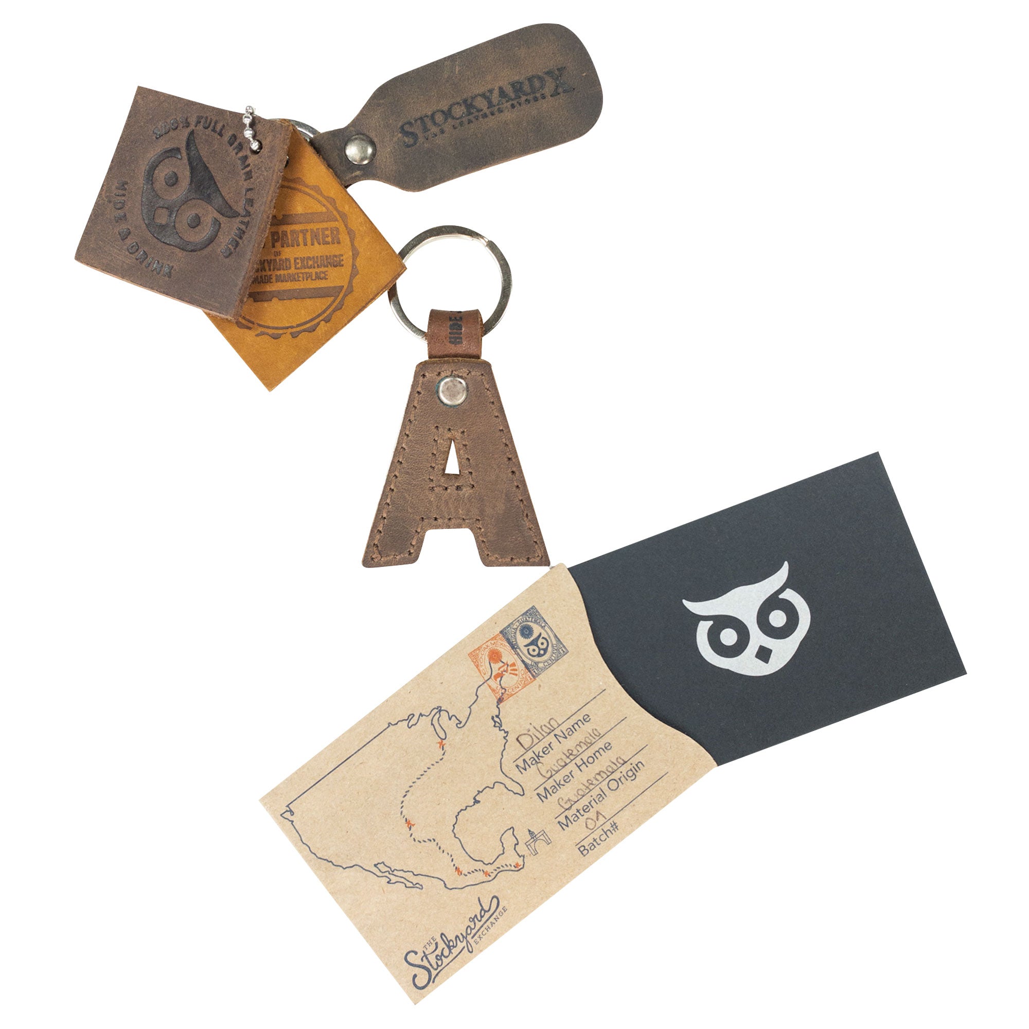 Handcrafted 'A' Alphabet Letter Keychain from Hide & Drink, made of thick full grain leather. Perfectly sized for keyring attachment, showcasing artisan craftsmanship from La Antigua Guatemala.