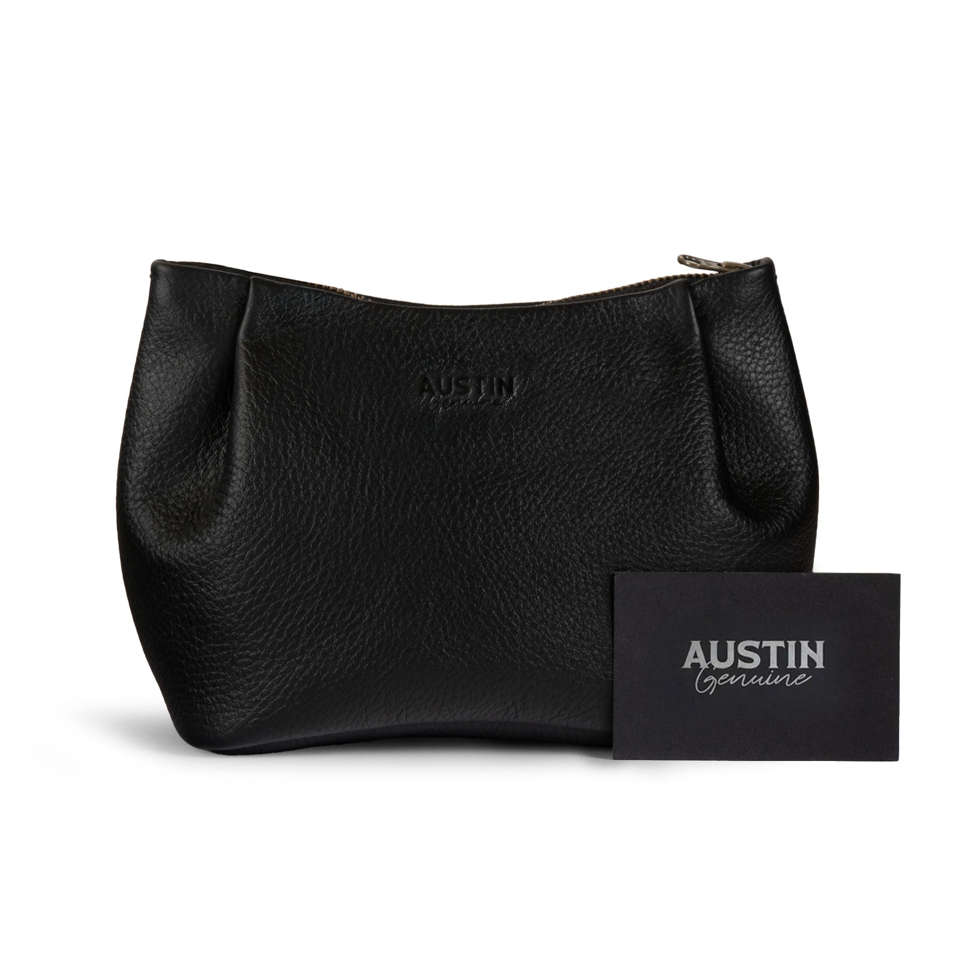 Austin Genuine The Kinney Beauty Bag displayed with size measurements and Austin Genuine branding, featuring The Kinney Beauty Bag Full Grain Leather, StockyardX, Small Batch Production, Hand Cut, Hand Sewn, Fire Branded, Artisan, Handmade in La Antigua Guatemala & Oaxaca Mexico construction.