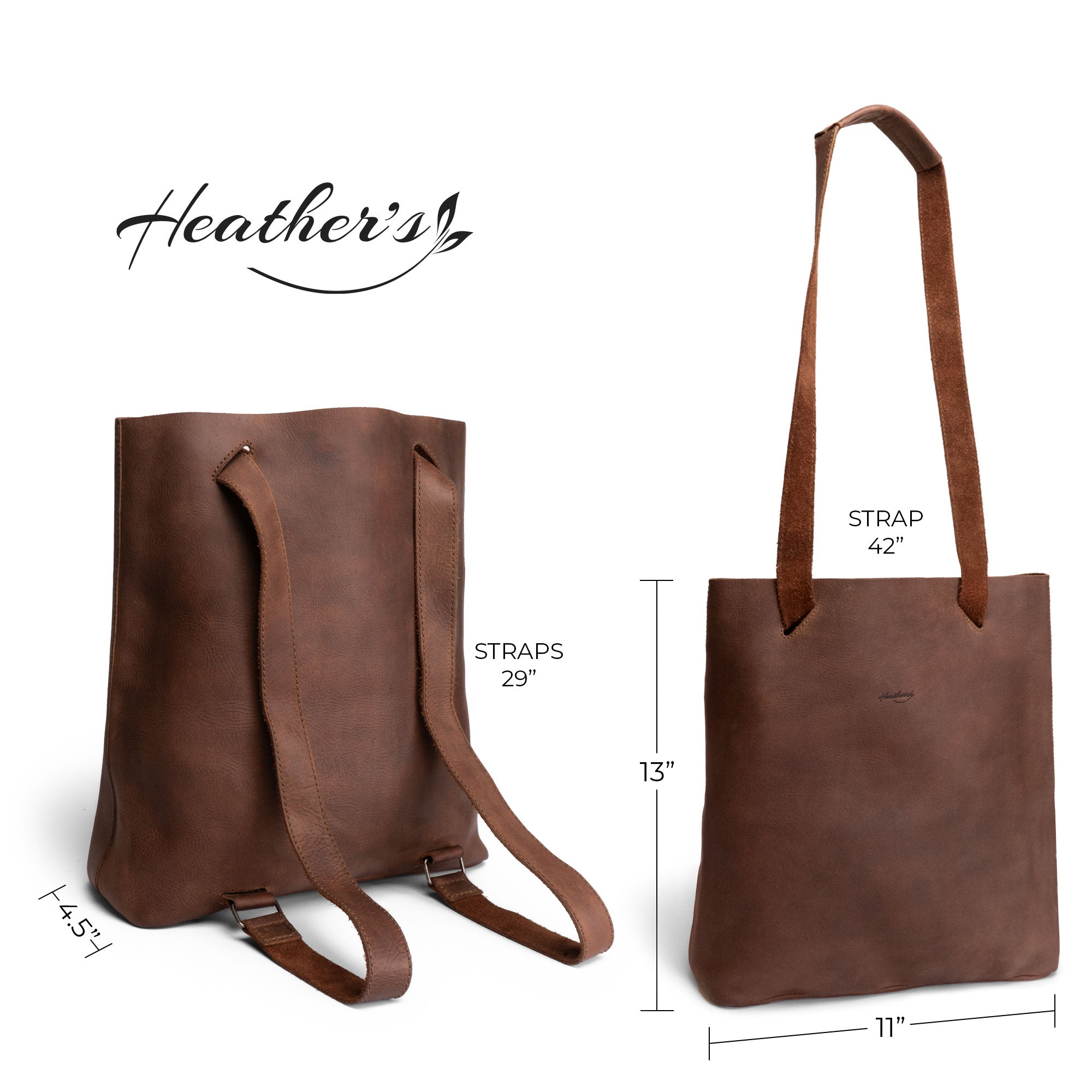 Design specifications of Heather's Convertible Backpack to Shoulder Bag, detailing its dimensions and strap lengths. Made with care from Full Grain Leather, this versatile bag is a spacious crossbody for women and embodies artisan quality from La Antigua Guatemala & Oaxaca Mexico.