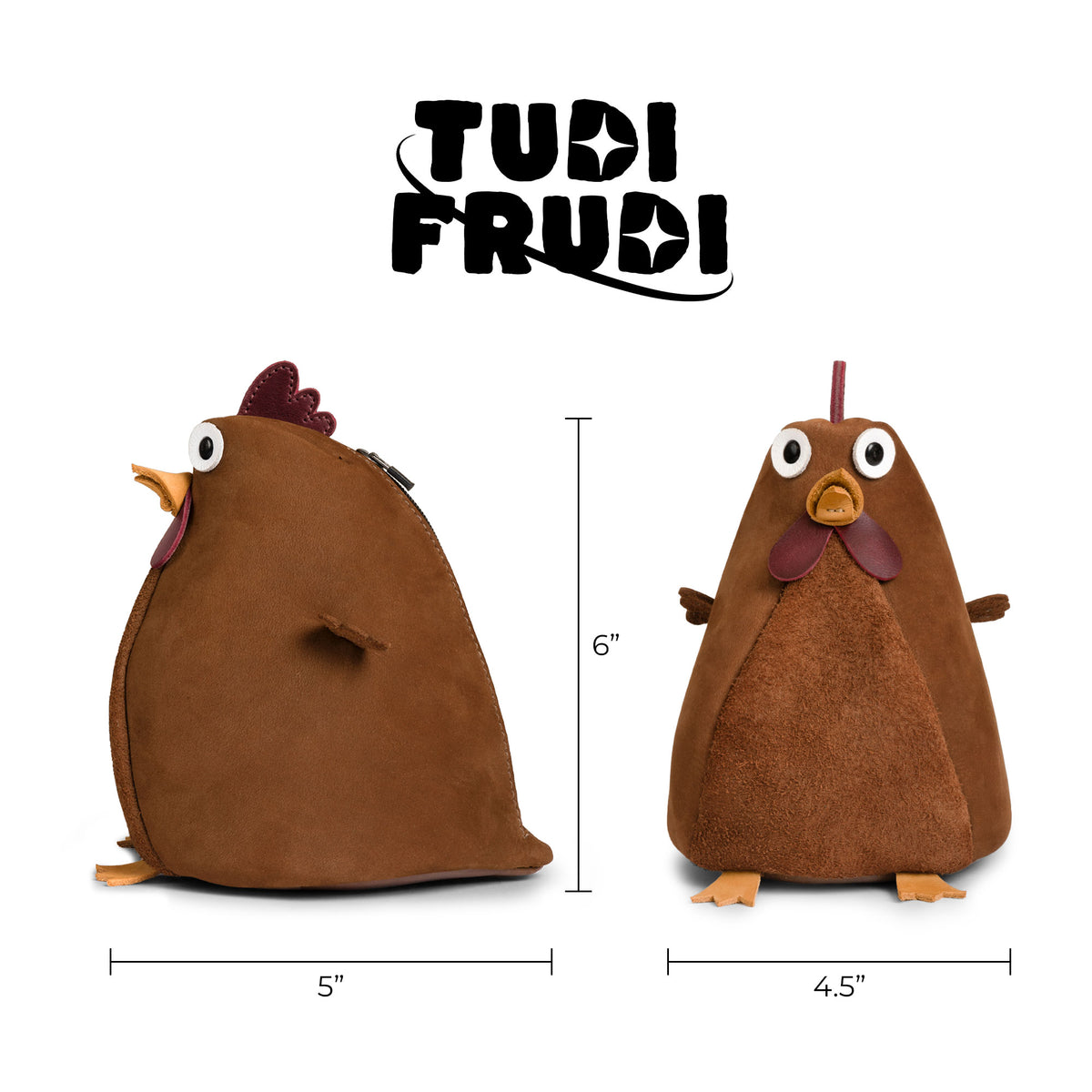 Tudi Frudi Leather Chubby Chicken Pouch shown from the side and front with size measurements. This Leather Chubby Chicken Pouch Coin Purse features Full Grain Leather construction and serves as a Small Charger Cable Holder, Change Bag, Scissors Case, Travel Zippered organizer, and one of the Purses & Pouches for Cash. StockyardX creates it through Small Batch Production with Hand Cut, Hand Sewn, Fire Branded, Artisan craftsmanship, Handmade in La Antigua Guatemala & Oaxaca Mexico.