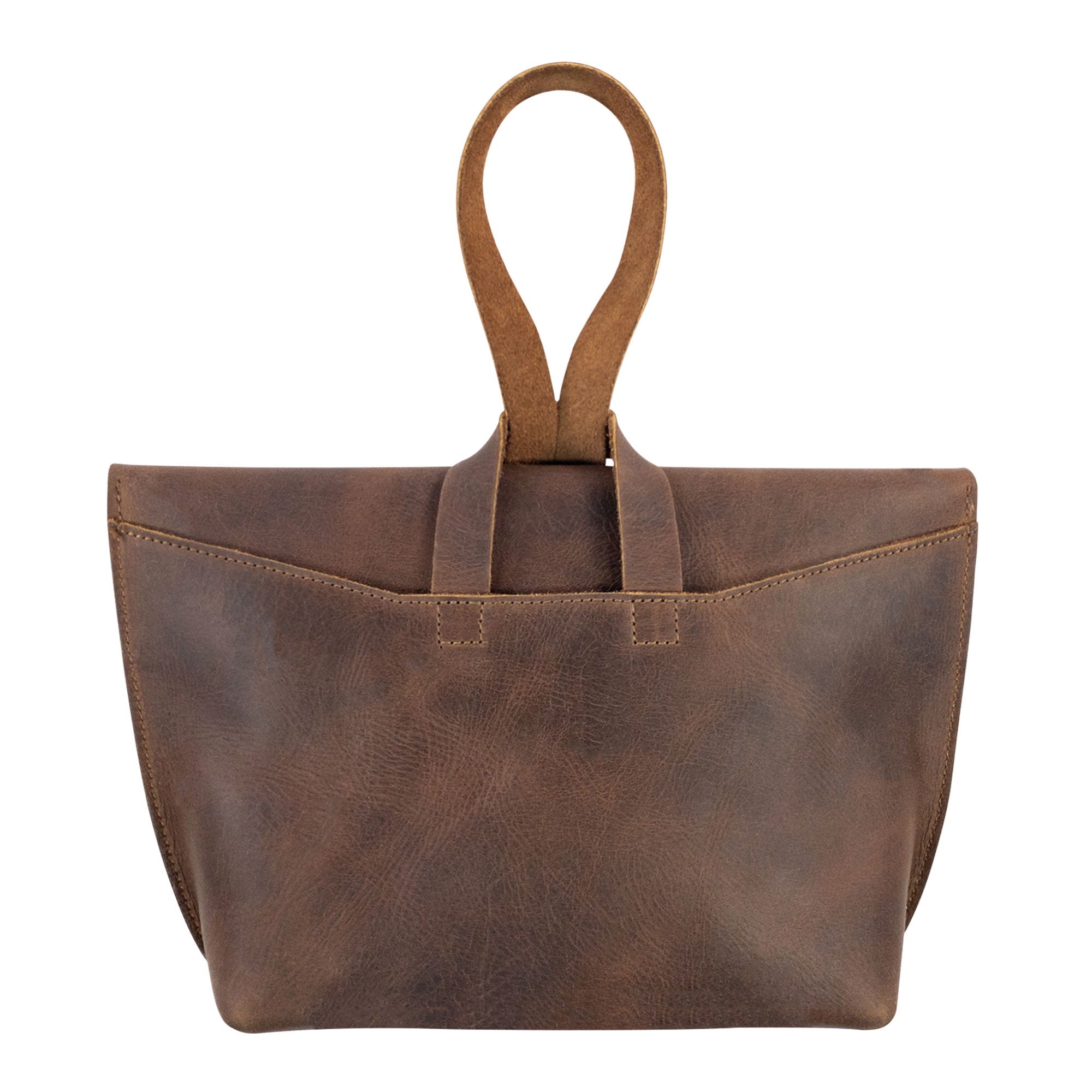 Stylish back view of the Women's Clutch Bag by Heather's, highlighting its design features and handcrafted quality. This Full Grain Leather bag is perfect for travel and everyday essentials, showcasing the artisan touch from La Antigua Guatemala.