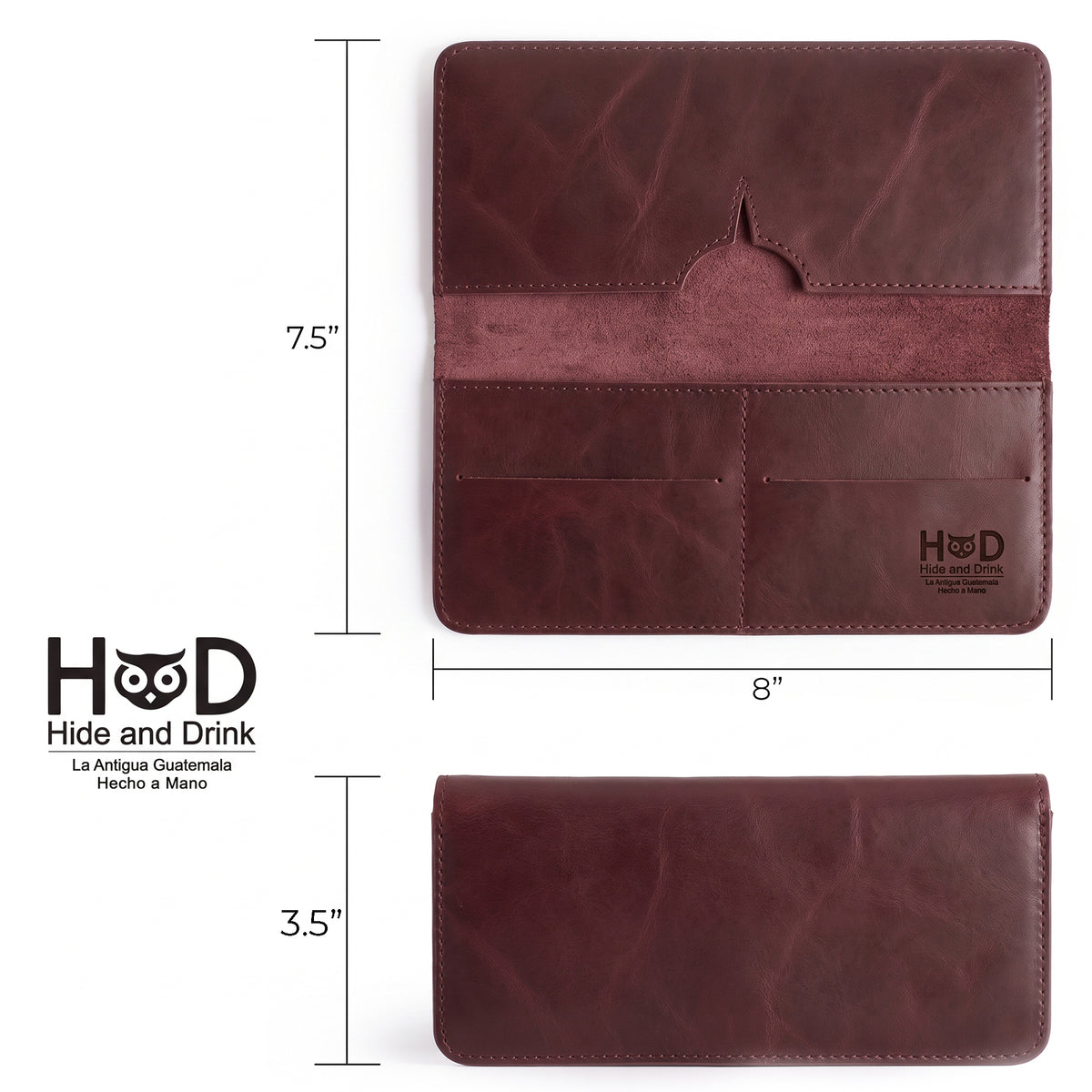 Dimensions infographic of bifold wallet for cellphone by Hide & Drink, illustrating its size. This informative image highlights the compact design of the Bifold Wallet for Cellphone, made from durable Full Grain Leather. Each piece is crafted with love through small batch production in La Antigua Guatemala & Oaxaca Mexico.