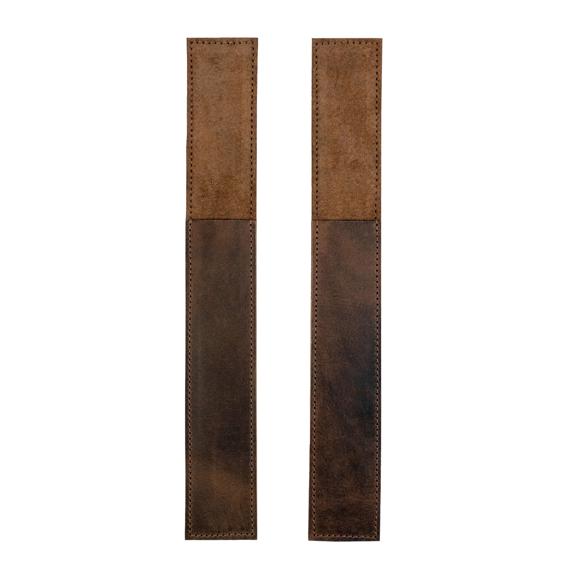 Side view of the durable Set of 2 Rectangular Chopstick Holders from Cast Leather Co., designed specifically for storing bamboo wooden Chinese chopsticks. These handmade leather sleeves exemplify artisan craftsmanship with hand cut and sewn details.