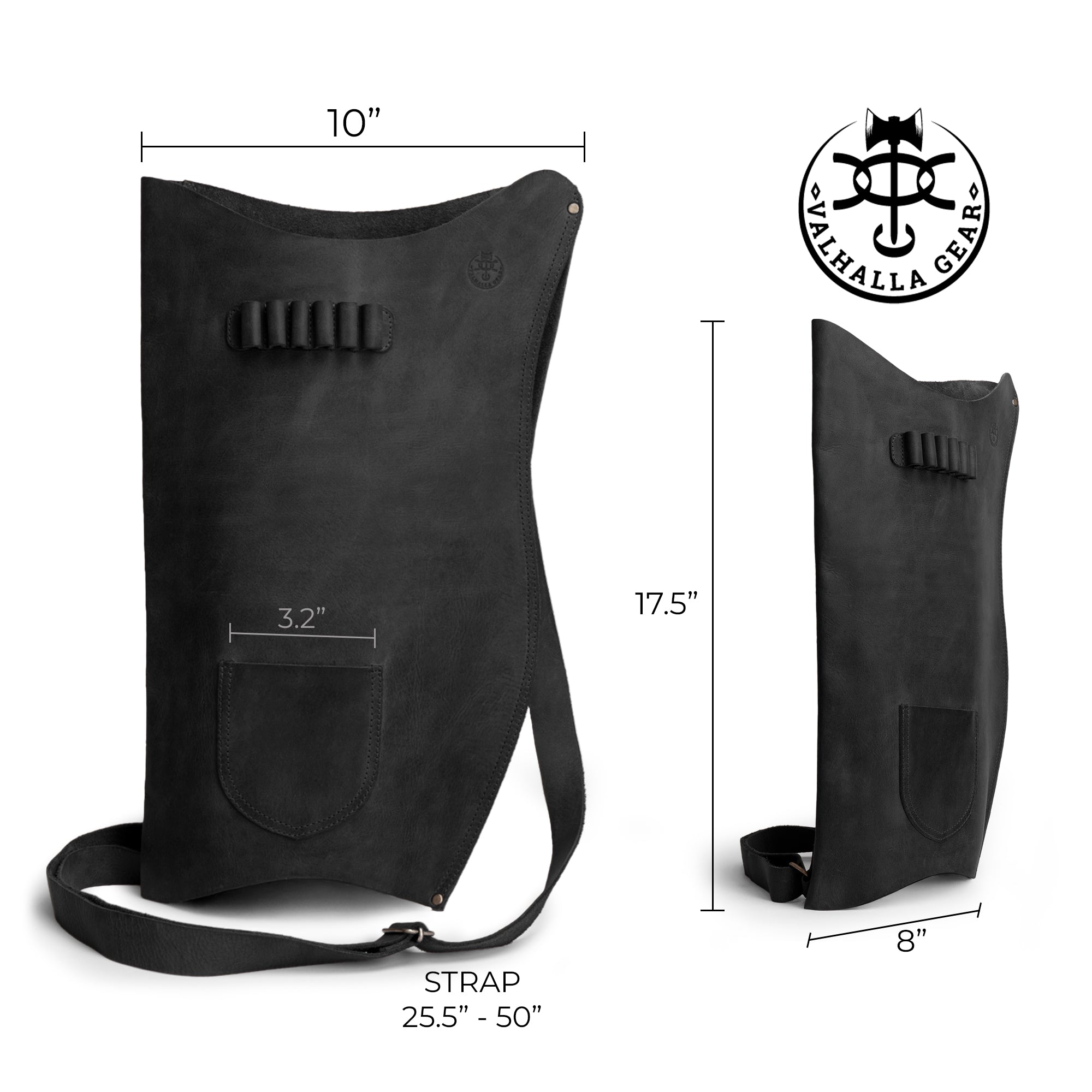 Specifications and detailed view of the black Archery Bow Carrier with Arrow Slots from Valhalla Gear, emphasizing its durable full grain leather design. Ideal for archery practice, cosplay, and shooting, this product is crafted through small batch artisan methods.