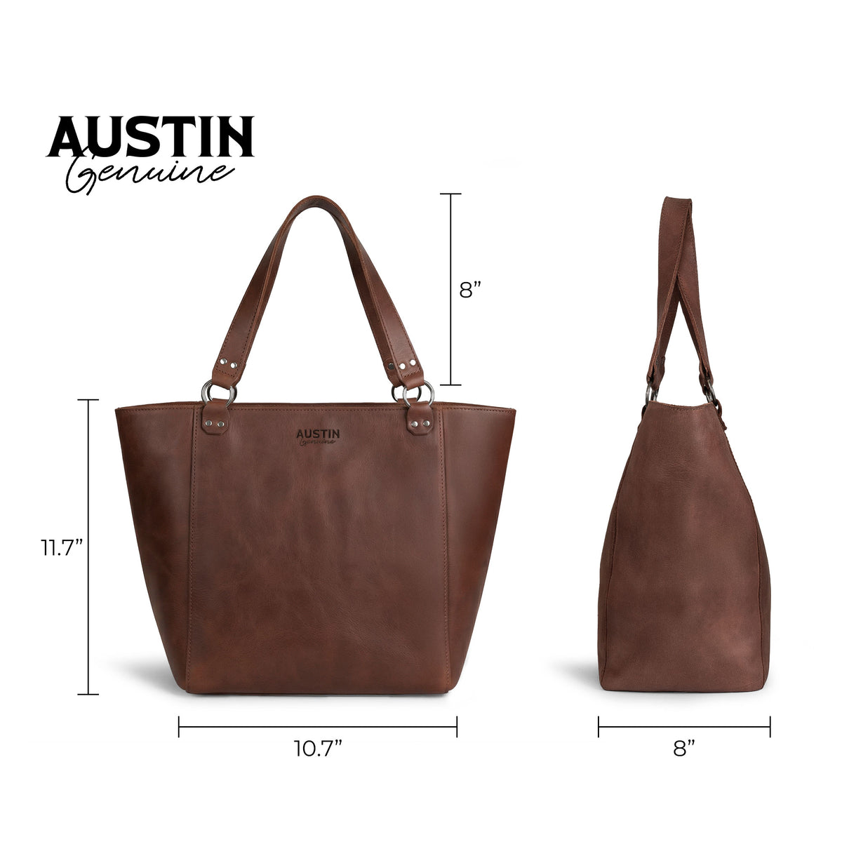 Austin Genuine Formal Handbag size guide showing the brown leather tote from front and side views with measurements of approximately 11.7 inches high, 10.7 inches wide, and 8 inches deep; a Formal Tote Bag and Female Bag for Travel and Shopping. Formal Handbag, Handbag for Women, Full Grain Leather, StockyardX, Small Batch Production, Hand Cut, Hand Sewn, Fire Branded, Artisan, Handmade in La Antigua Guatemala & Oaxaca Mexico.