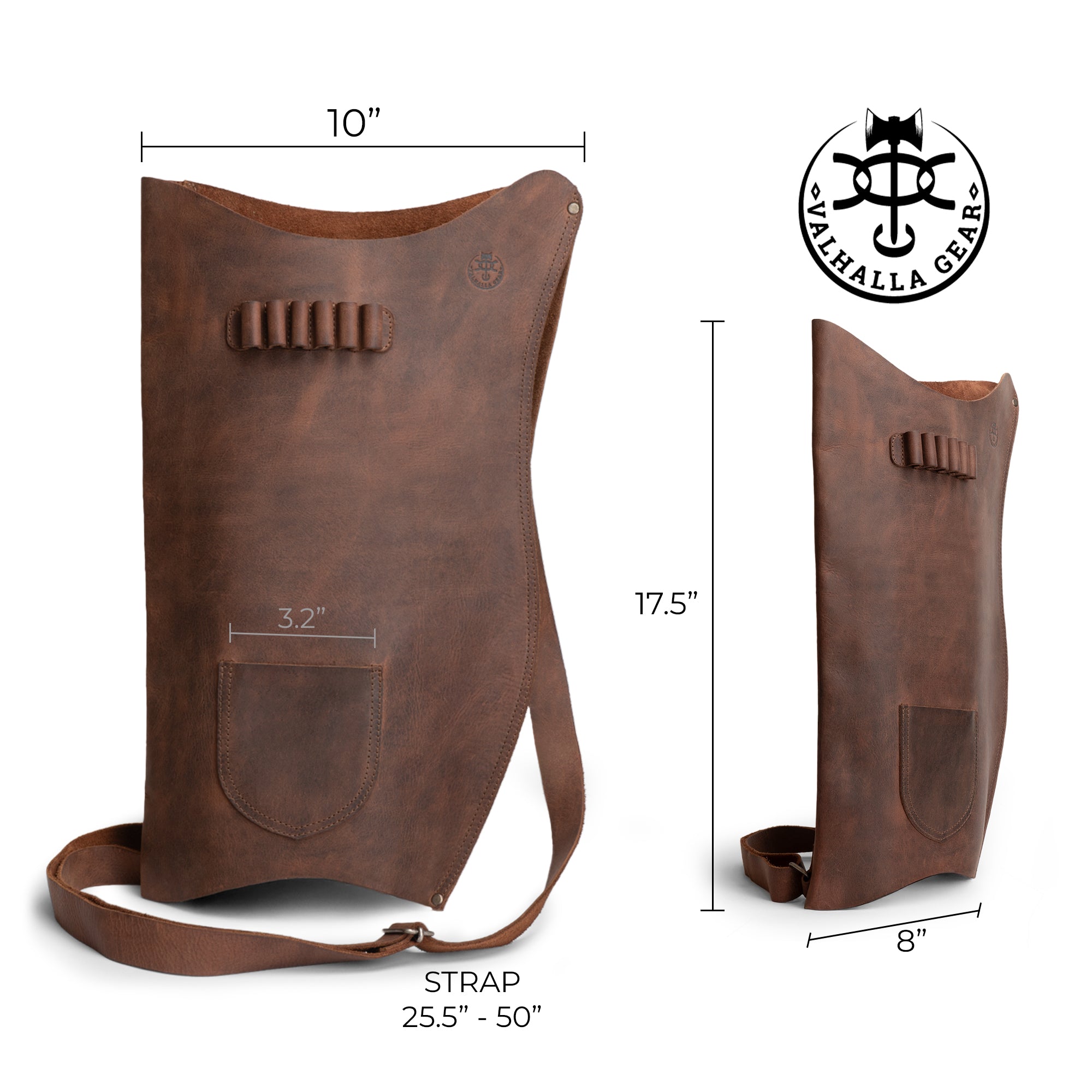 Dimensions and design specifications of Valhalla Gear's Archery Bow Carrier with Arrow Slots, made from durable full grain leather. Ideal for archers looking for style and functionality in shooting and training, highlighting the artisan and handmade nature of the product.
