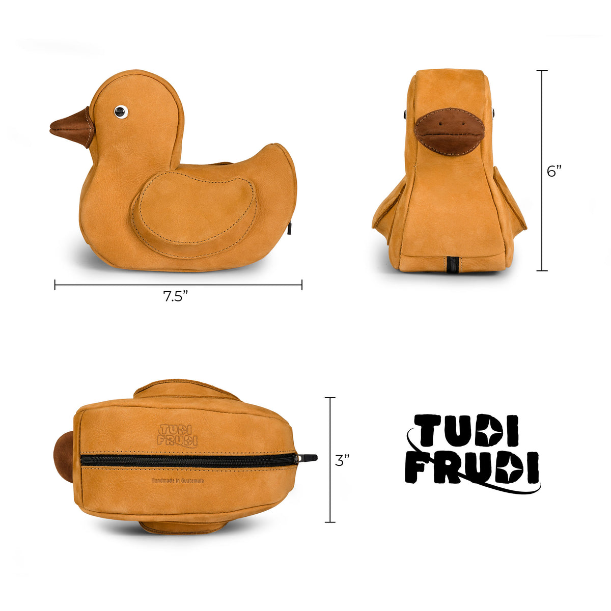 Tudi Frudi Leather Rubber Ducky Pouch product size diagram showing the duck-shaped Leather Rubber Ducky Pencil Pouch measuring approximately 7.5 by 6 by 3 inches; a Small Pen Organizer, Zippered Holder Wallet for Coins, Change Purse, Money Pouches for Men and Women, Saving Box, and Cable Holder made from Full Grain Leather with StockyardX, Small Batch Production, Hand Cut, Hand Sewn, Fire Branded, Artisan, Handmade in La Antigua Guatemala & Oaxaca Mexico.