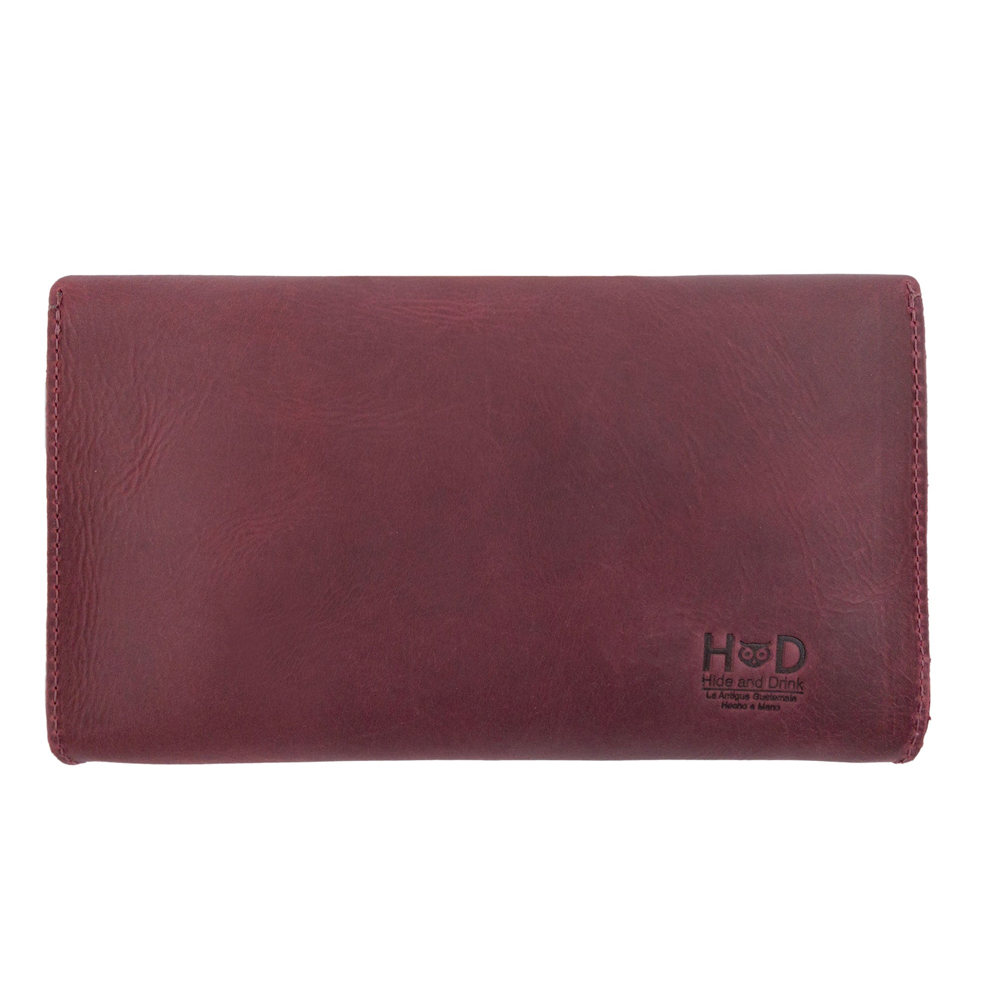 Back view of the maroon Clutch Bag With Handle by Hide & Drink. This Full Grain Leather Clutch Bag is perfect for women as a stylish handbag or night bag, crafted with artisanal quality in Guatemala and Mexico.