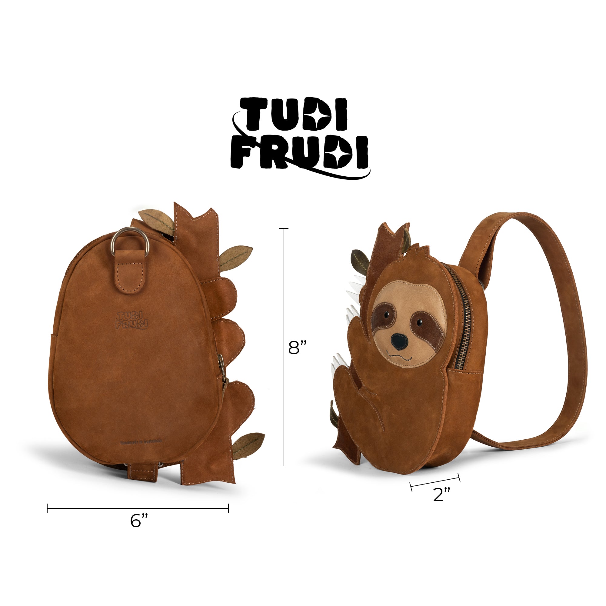 Dimensions of the Leather Sloth Crossbody Bag by Tudi Frudi displayed with measurements. This adorable Sloth Crossbody Bag with Adjustable Shoulder Strap doubles as a unique Shoulder Bag or Satchel, highlighting its artisan quality made from Full Grain Leather, ensuring each bag is created through careful Small Batch Production techniques.