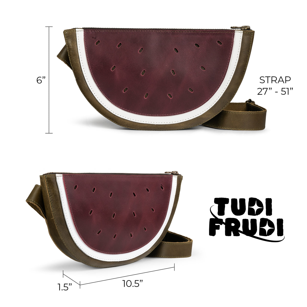 Tudi Frudi Watermelon Crossbody product image showing dimensions and adjustable strap, a Full Grain Leather Watermelon Crossbody Bag with Adjustable Shoulder Strap, Messenger Bag, Shoulder Bag, Zippered Sling Bags, Travel Backpack, Purses for Men and Women, Satchel, Full Grain Leather, StockyardX, Small Batch Production, Hand Cut, Hand Sewn, Fire Branded, Artisan, Handmade in La Antigua Guatemala & Oaxaca Mexico.