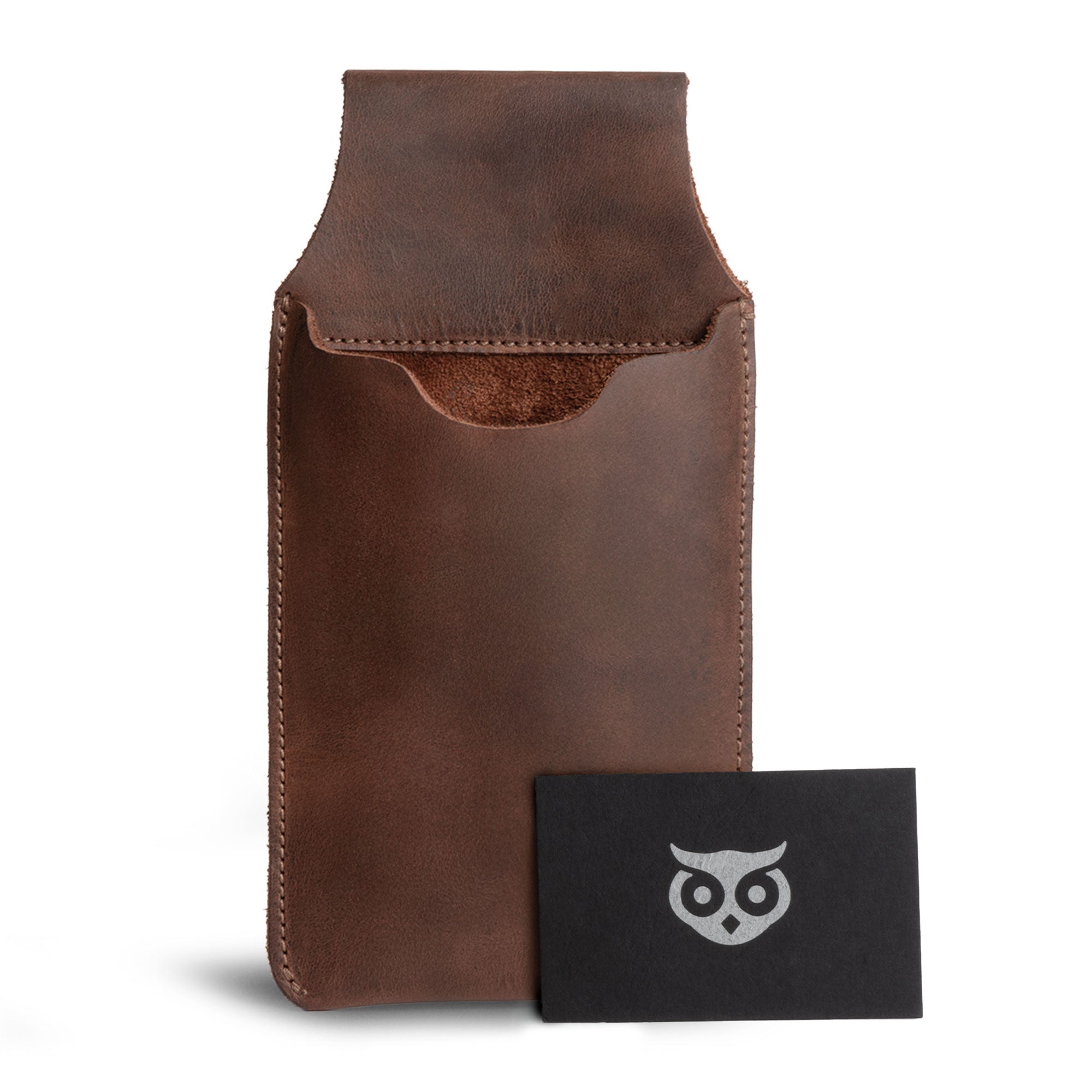 Front view of Hide & Drink's Waist Phone Holder, emphasizing its sleek design and Full Grain Leather texture. This versatile Cellphone Sleeve with Belt Loop for Waist provides secure phone protection, handmade by skilled artisans in La Antigua Guatemala & Oaxaca Mexico, showcasing the beauty of hand cut and hand sewn techniques.