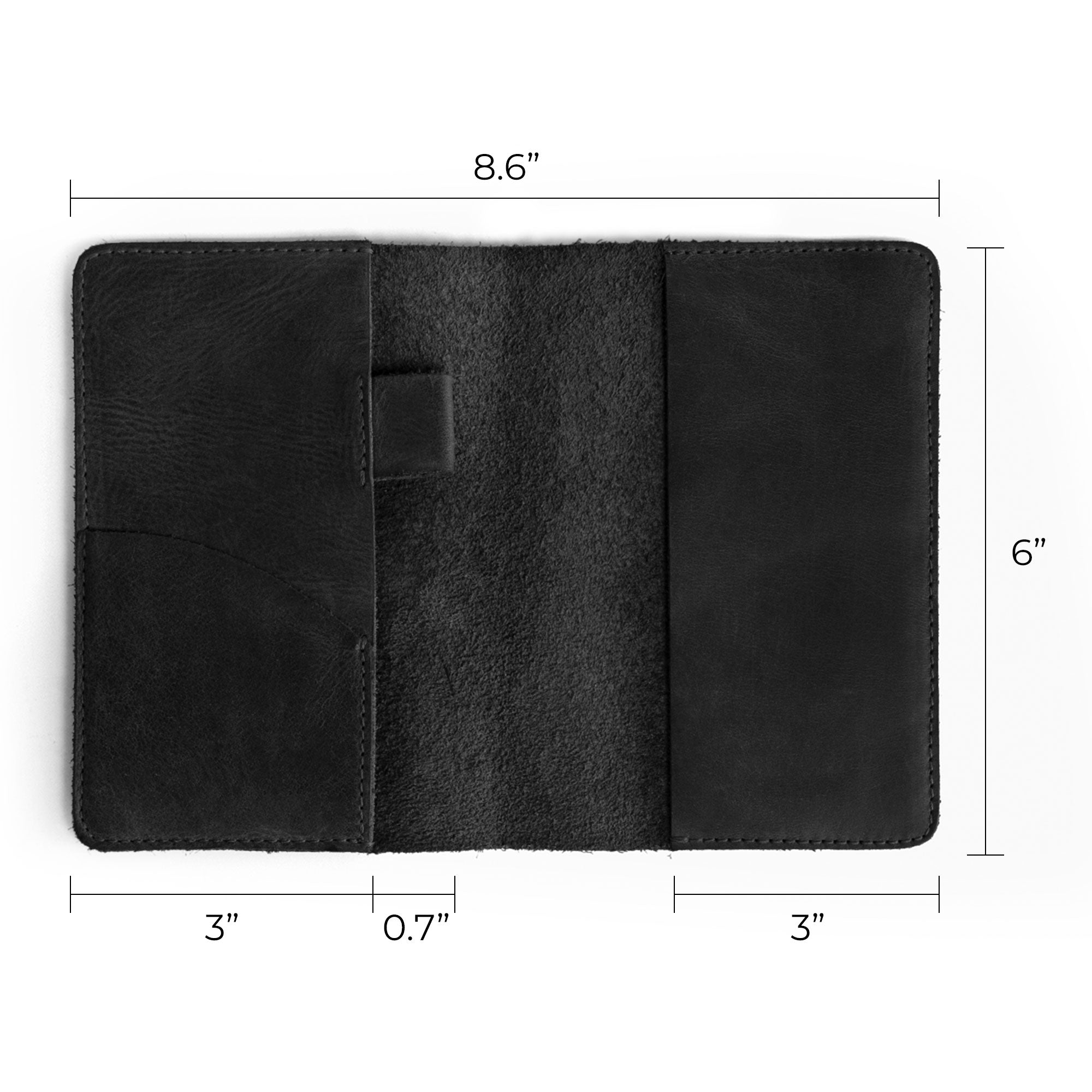 Dimensions of the black Field Notes Carrier by Leather Worx, indicating its features. This Field Notes Cover acts as a Leather Notebook Cover 3.5 x 5.5 in., combining utility with beauty through its card and pen holder. Handmade from full grain leather, it's tailored for the discerning traveler, showcasing the artisan skills of La Antigua Guatemala.