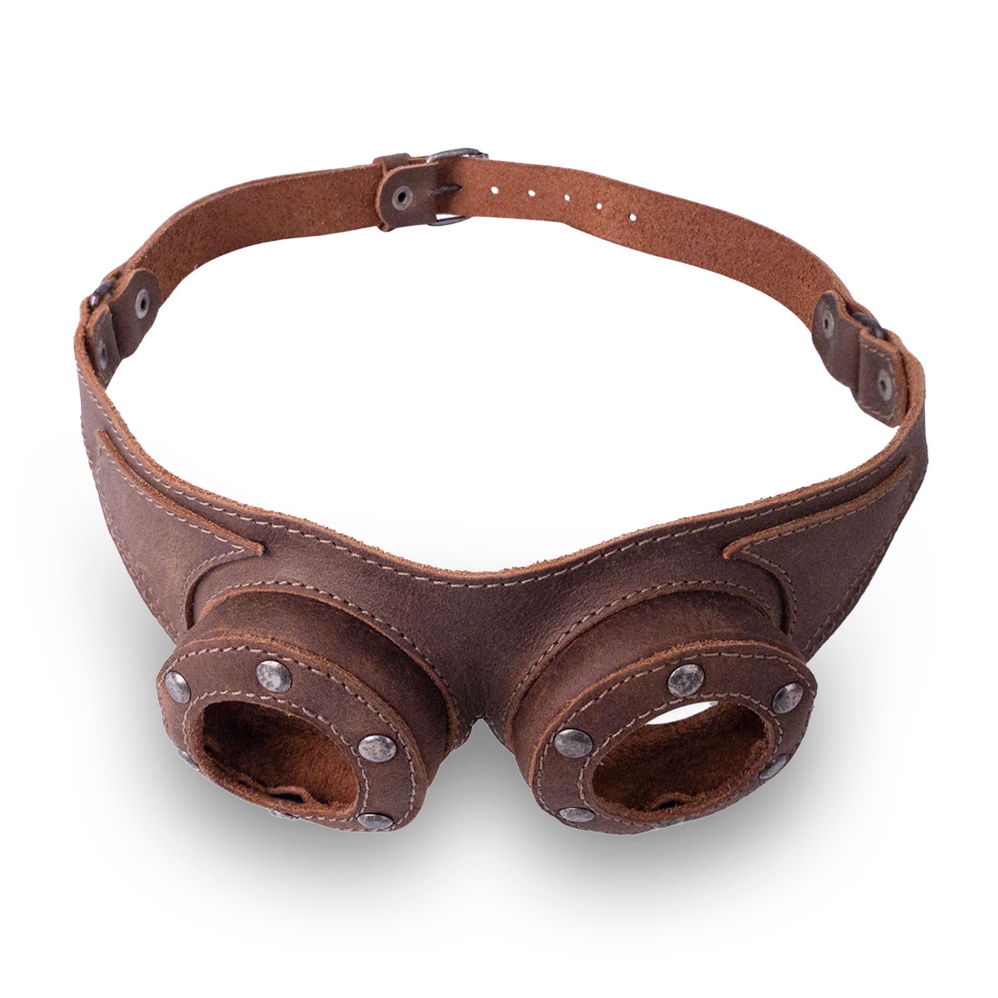 Another angle of the stylish Riveted Steampunk Goggles by Hide & Play, showcasing the rich full grain leather and decorative rivets. These goggles make a striking costume accessory for any steampunk outfit, highlighting artisan techniques from small batch production.