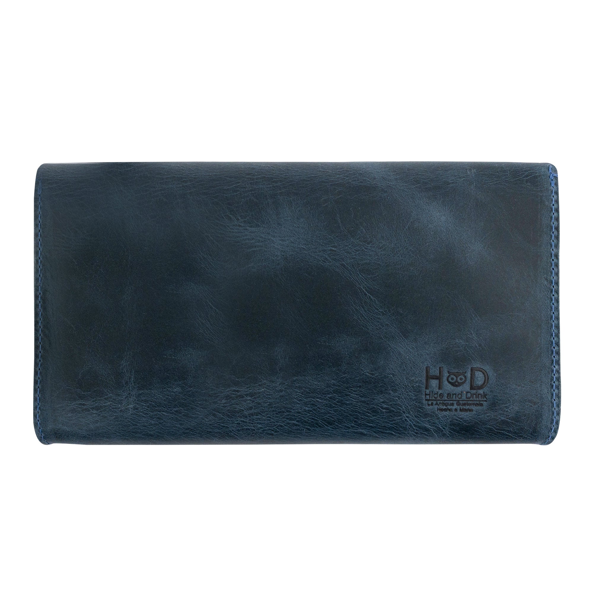 Back view of the navy Clutch Bag With Handle by Hide & Drink, highlighting its sophisticated design. This Full Grain Leather Clutch Bag is perfect for women, crafted through artisan techniques in Guatemala and Mexico.