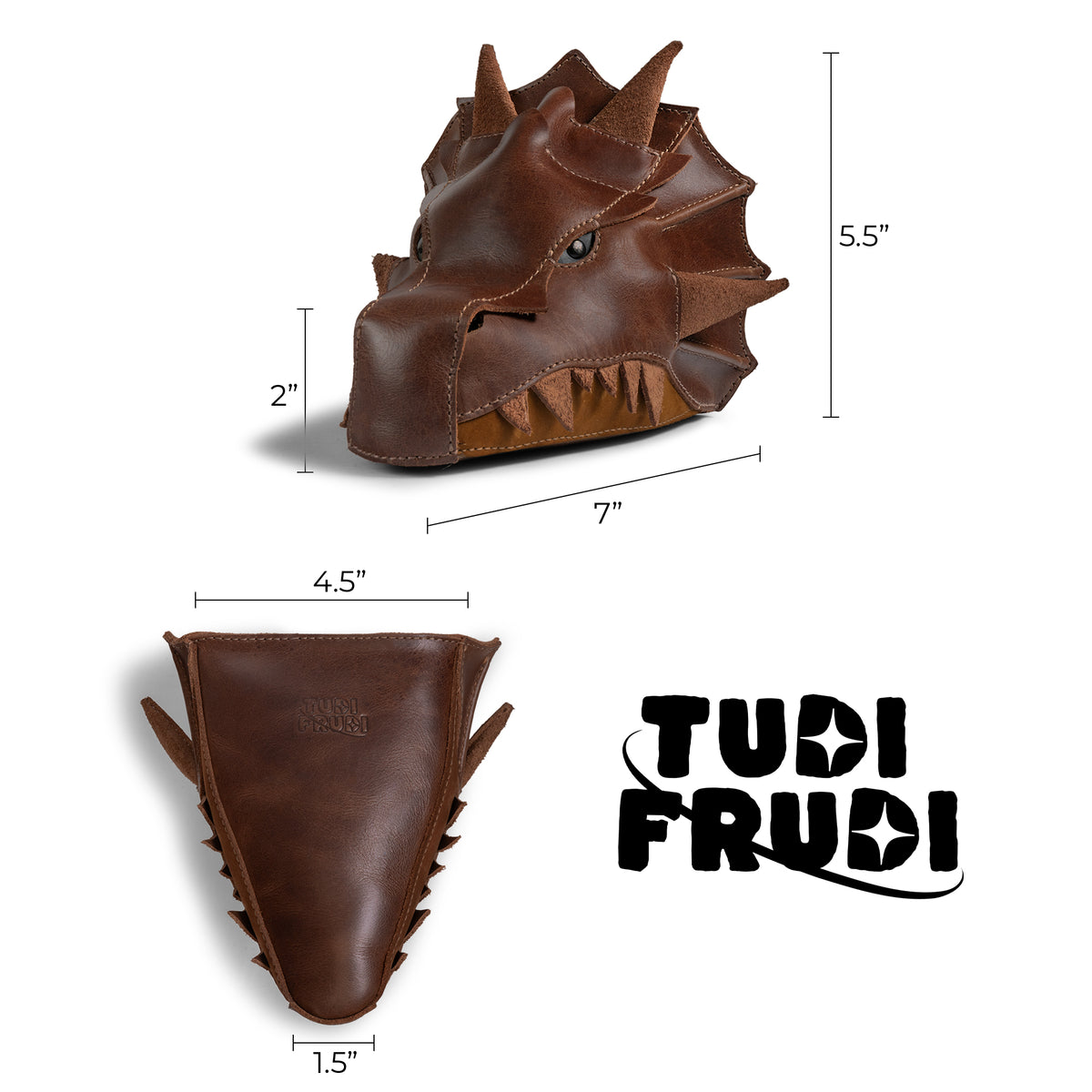 Tudi Frudi Leather Dragon Head Pouch size guide showing the dragon-shaped Coin Purse with measurements, suitable as a Small Charger Cable Holder, Change Bag, and Scissors Case for Purses & Pouches for Cash; Travel Zippered Full Grain Leather by StockyardX, produced with Small Batch Production, Hand Cut, Hand Sewn, Fire Branded Artisan craftsmanship, Handmade in La Antigua Guatemala & Oaxaca Mexico.
