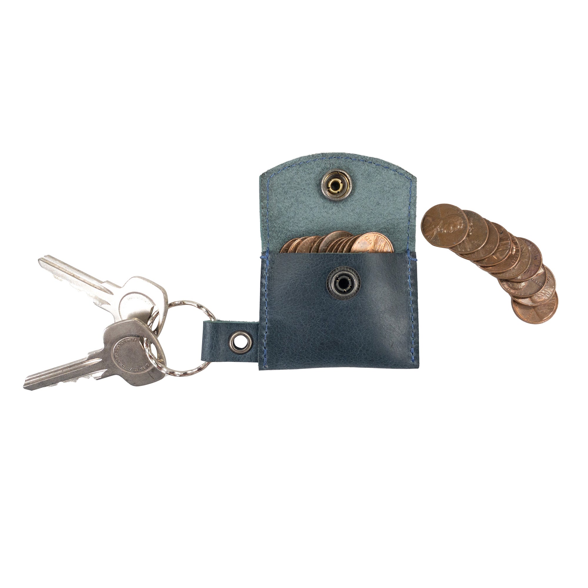 Tiny Coin Holder Keychain by Hide & Drink displayed among artisan products, highlights its quality in Full Grain Leather. This Tiny Coin Holder embodies small batch production craftsmanship.