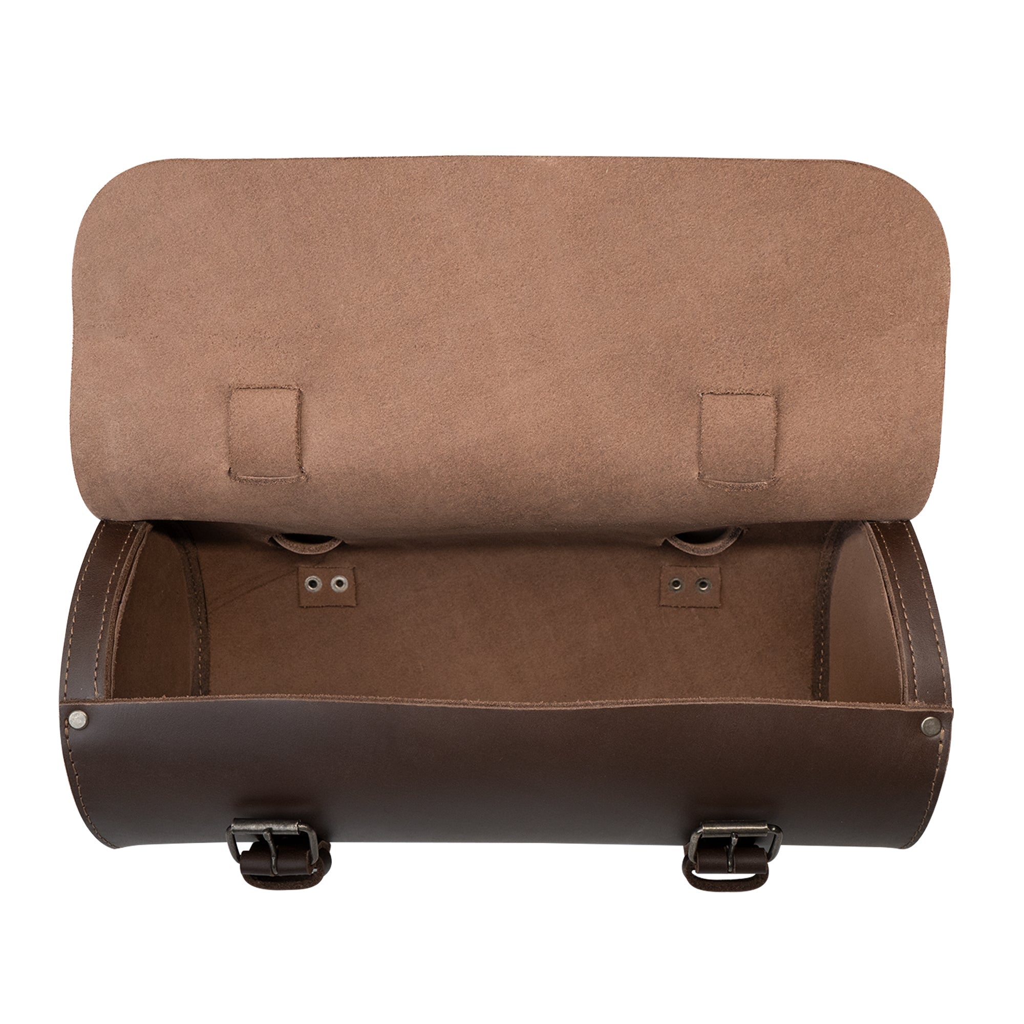 Cylinder Tool Roll for Motorcycle by Hide & Ride, featuring an open design to reveal its spacious interior. This full grain leather roll functions as a Circular Motorcycle Tool Bag, acting as a universal saddlebag for motorcycle adventures, carefully handmade in La Antigua Guatemala.