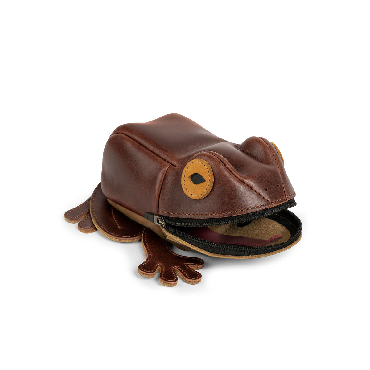 Tudi Frudi Frog Pouch shown open at an angle with leather frog feet and zipper compartment, a Frog-Shaped Pouch, Cable Organizer, and Small Accessory Case; Zippered Cash Holder Wallet for Coins and Change Purse, ideal for Pouches for Men and Women. Full Grain Leather craftsmanship by StockyardX, featuring Small Batch Production, Hand Cut and Hand Sewn details, Fire Branded, Artisan, Handmade in La Antigua Guatemala & Oaxaca Mexico.