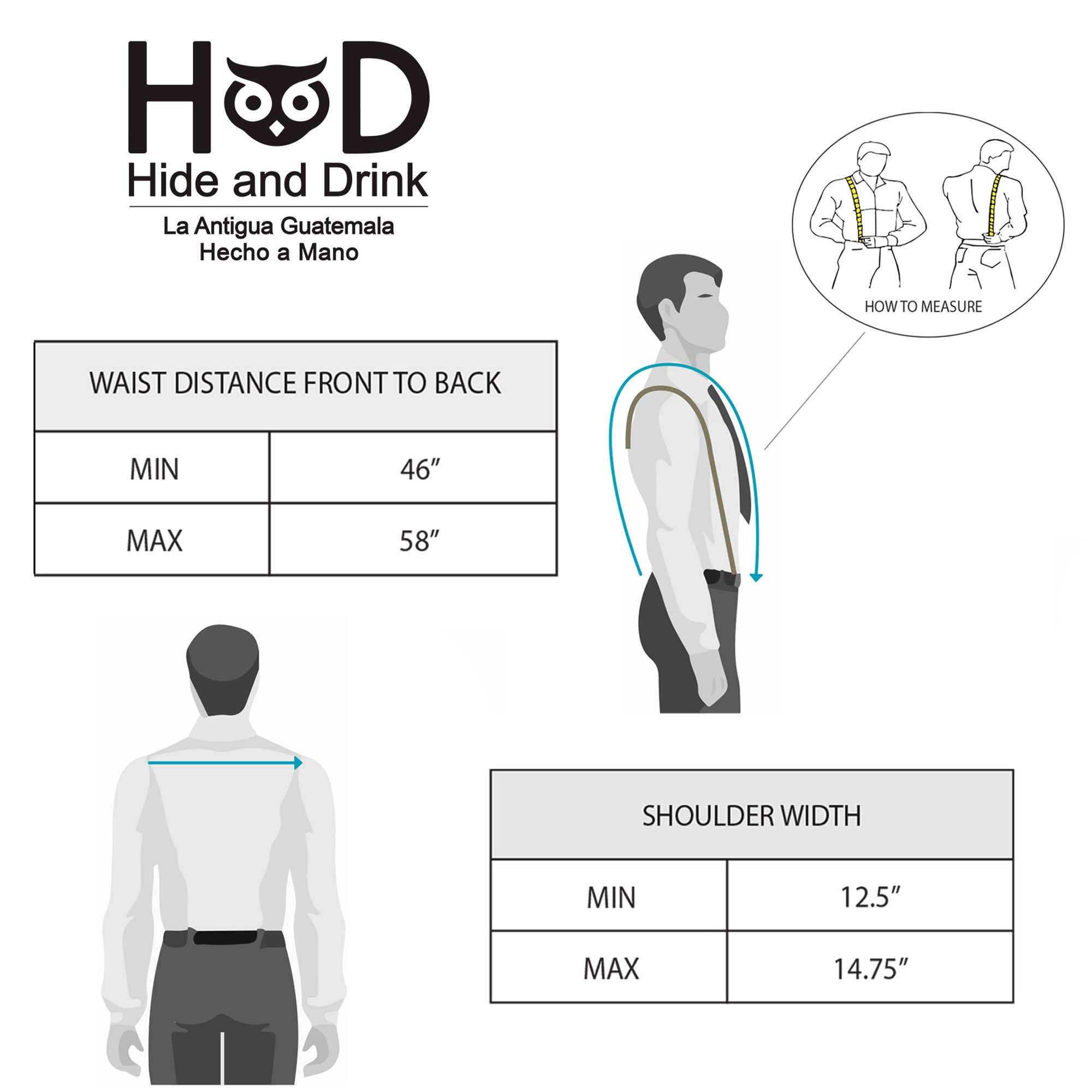 Measurement guide for dusty blue Renaissance Suspenders by Hide & Drink, crucial for fitting. These back support harness for men are artisan made, perfect for groomsmen attire.