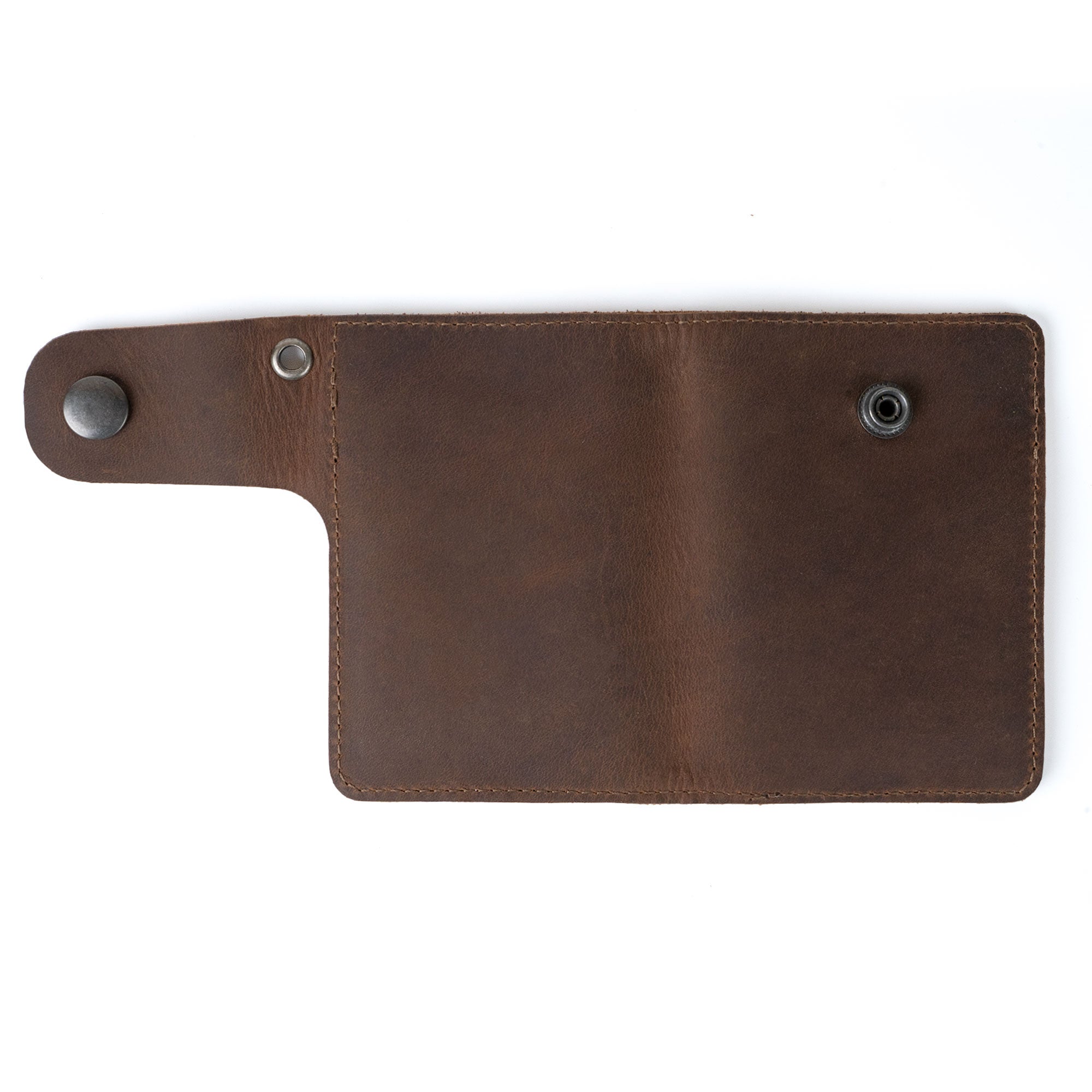 Hide & Ride Biker Wallet shown from the back, featuring its sleek design. This rectangular wallet is a compact wallet with a belt loop and strap, serving as a reliable card holder with a snap closure.