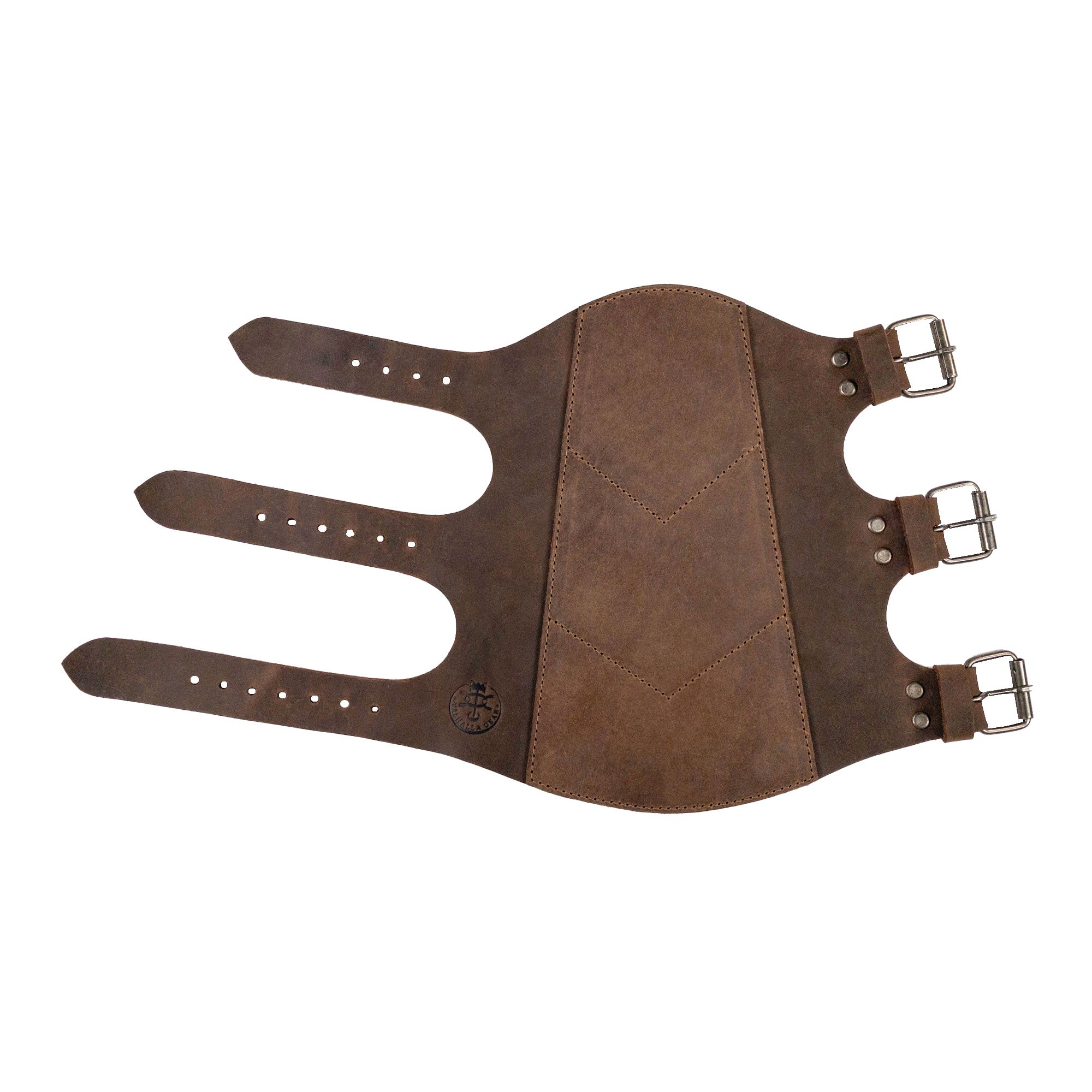 A detailed view of the Valhalla Gear Archery Forearm Protector for Bow Shooting Practice, showcasing its adjustable strapping system. This Arm Guard is made from high-quality Full Grain Leather, ideal for training and cosplay. Highlighting StockyardX's dedication to Small Batch Production, Hand Cut, Hand Sewn, and Fire Branded finishing, handcrafted in La Antigua Guatemala & Oaxaca Mexico.