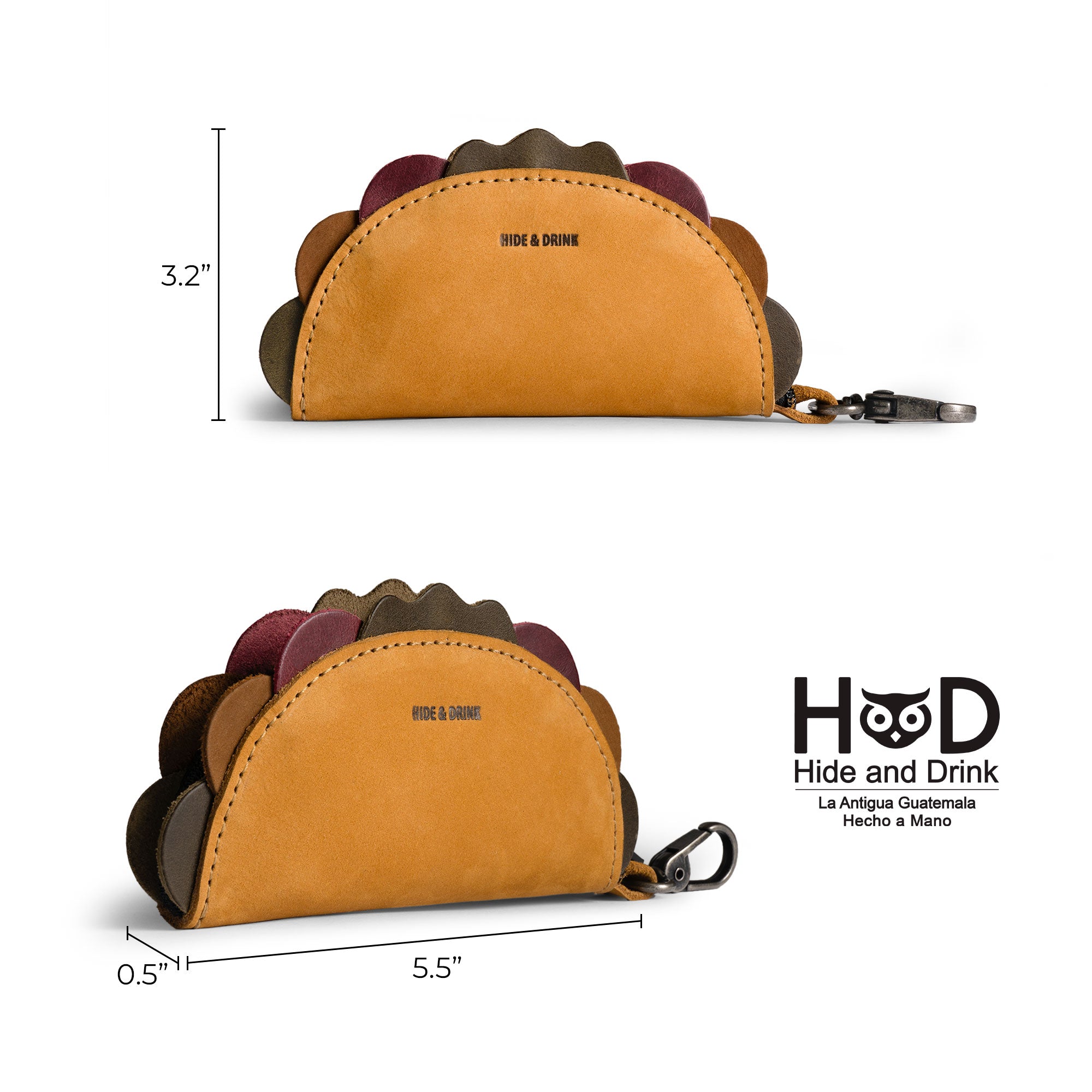 Hide & Drink Taco Zip Pouch Bag Charm Key Chain product image with measurement markings showing approximately 5.5 inches wide, 3.2 inches tall, and 0.5 inches deep. Taco Zip Pouch Bag Charm Key Chain Full Grain Leather, StockyardX, Small Batch Production, Hand Cut, Hand Sewn, Fire Branded, Artisan, Handmade in La Antigua Guatemala & Oaxaca Mexico.