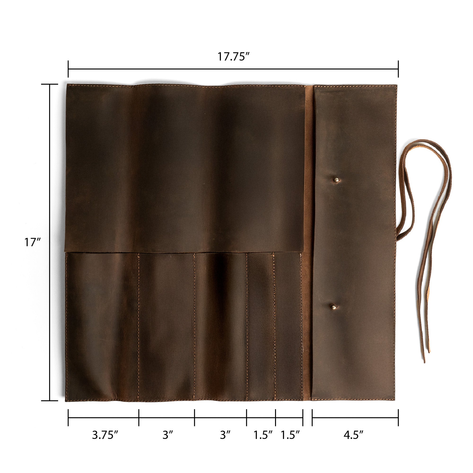 Hide & Drink Knife Roll (5 Pockets) displayed with measurements, crafted from rich Full Grain Leather. This Chef Knife Bag is an efficient portable carrying case for knives, reflecting high-quality handmade processes through small batch production, hand cut intricacies, and hand sewn details.