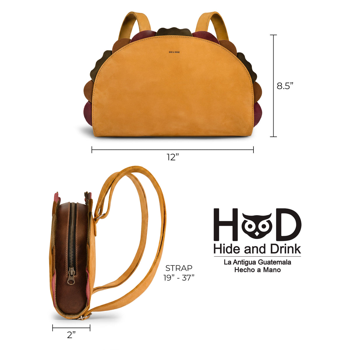 Hide & Drink Taco Backpack dimensions shown from front and side, a Taco Backpack and Fashion Zippered Bag with Carry Pack with Adjustable Shoulder Straps, Fun Carryalls style, Casual Daypack design, and Travel Accessory appeal; crafted from Full Grain Leather by StockyardX through Small Batch Production, Hand Cut and Hand Sewn with Fire Branded Artisan details, Handmade in La Antigua Guatemala & Oaxaca Mexico.