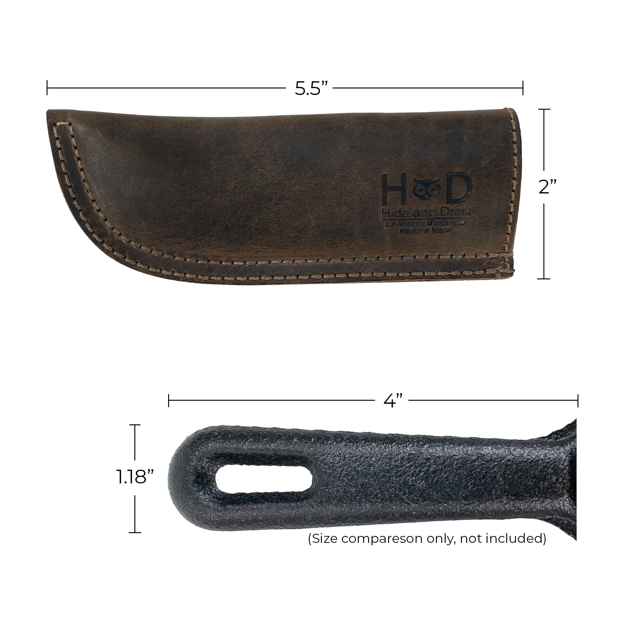 Hide & Drink Cast Iron Panhandle Cover elegantly displayed, emphasizing its design and functionality. This artisan hot handle protector, crafted from durable full grain leather, features double stitching to ensure a comfortable grip while cooking. Handmade in La Antigua Guatemala & Oaxaca Mexico, it’s perfect for enhancing kitchen safety.