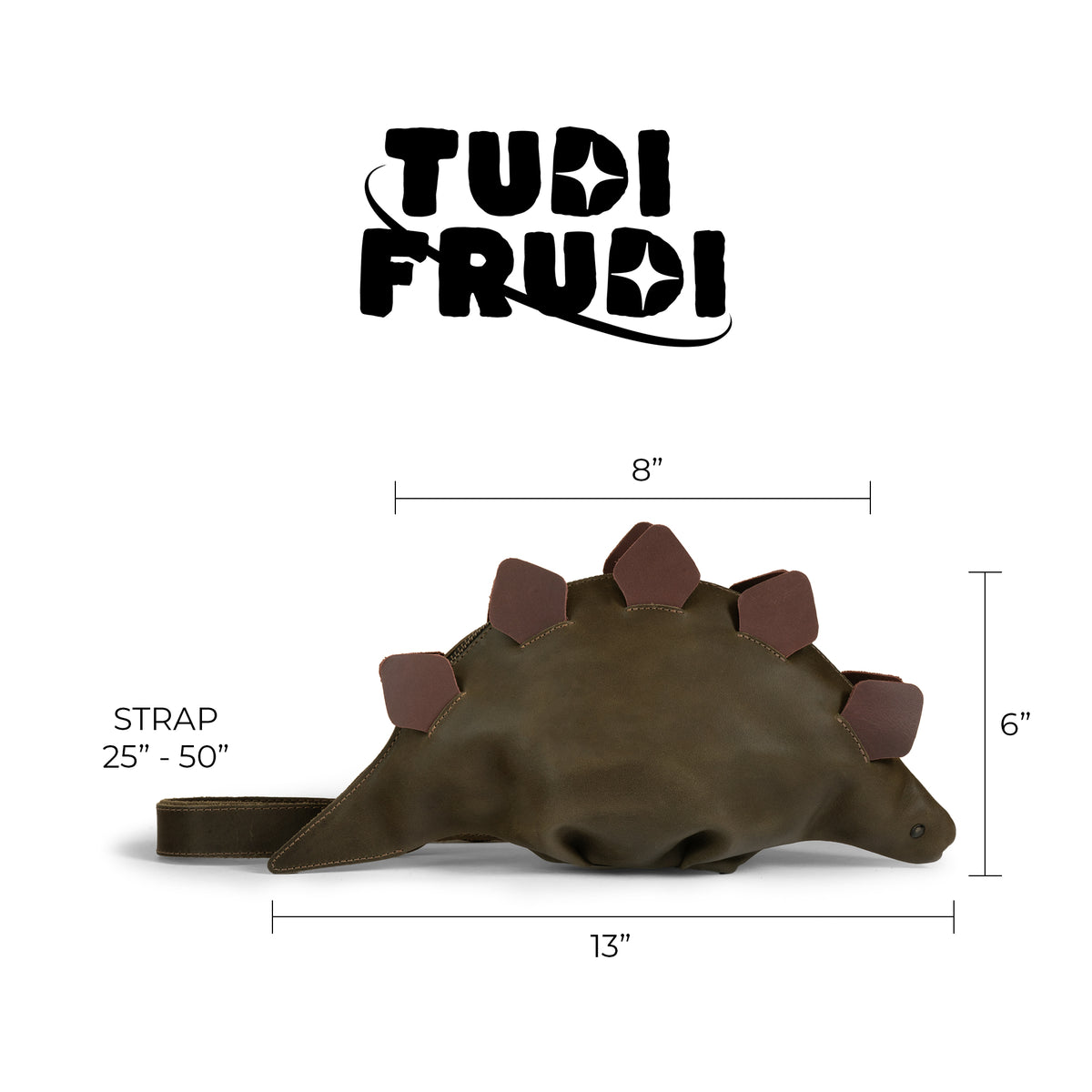 Tudi Frudi Leather Dinosaur Stegosaurus Crossbody size guide showing the Jurassic Bag dimensions and adjustable Shoulder Bag strap, crafted from Full Grain Leather through Small Batch Production with Hand Cut, Hand Sewn Artisan construction, Fire Branded by StockyardX and Handmade in La Antigua Guatemala & Oaxaca Mexico.