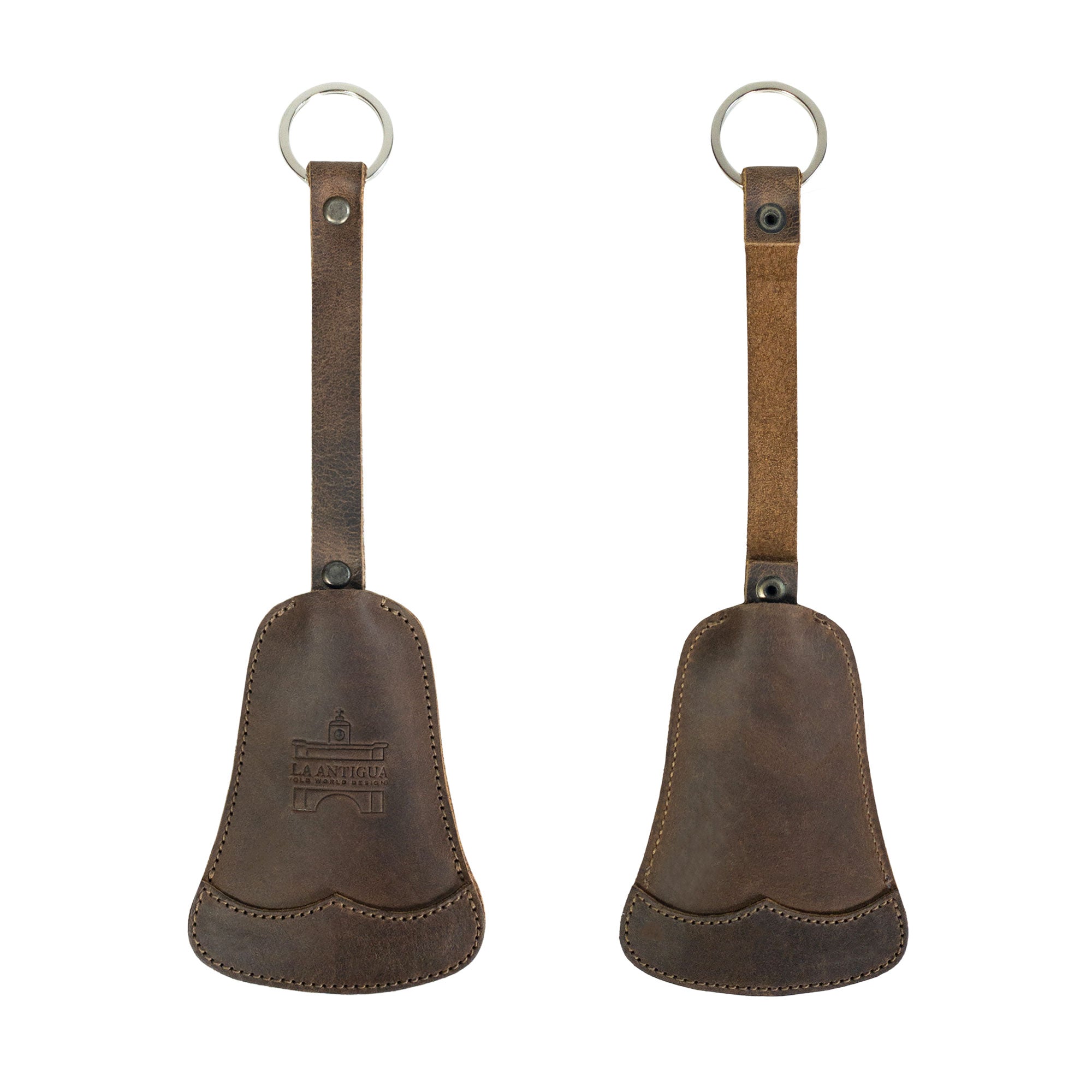 Front and back views of the Bell Shape Keychain from La Antigua, highlighting its unique design and utility as a keyring with strap. A perfect key organizer that allows for easy attachment to keys. Built from full grain leather, this artisan keychain holder showcases the craftsmanship of small batch production, hand cut, hand sewn, and fire branded, handmade in La Antigua, Guatemala & Oaxaca, Mexico.