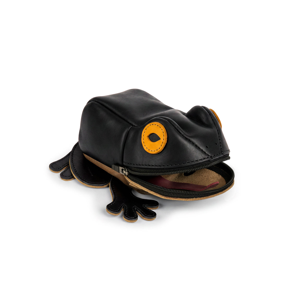 Side view of the black Tudi Frudi Frog Pouch opened to reveal its spacious interior, a Frog-Shaped Pouch and Full Grain Leather Small Accessory Case for cables, coins, cash, and other essentials. This Cable Organizer, Zippered Cash Holder Wallet for Coins, Change Purse, and Pouches for Men and Women reflects StockyardX Small Batch Production, Hand Cut, Hand Sewn, Fire Branded, Artisan, Handmade in La Antigua Guatemala & Oaxaca Mexico.