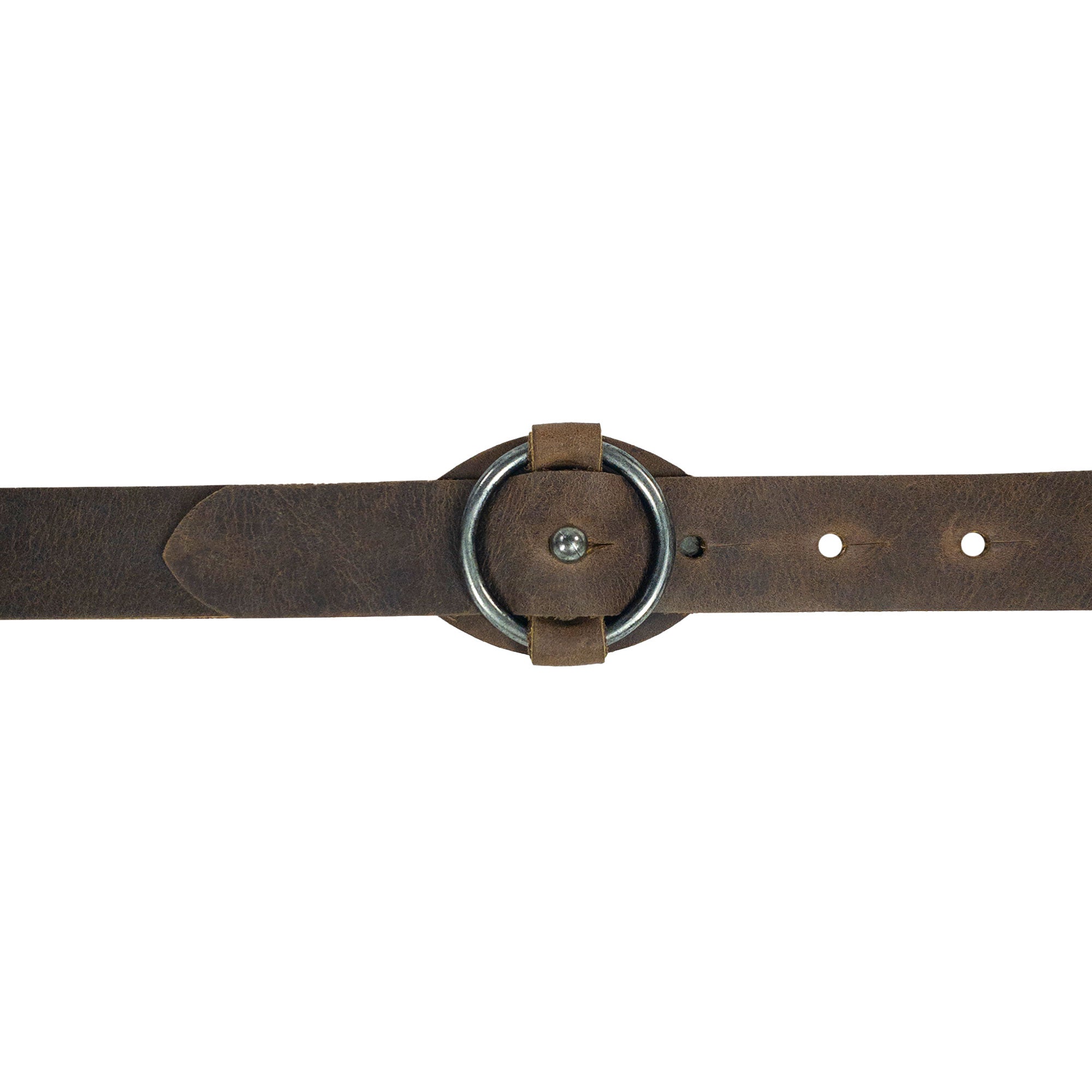 Close-up of Heather's Belt for Women with Ring Closure, showcasing the full grain leather and minimalist ring design. This belt, part of a small batch production, is a chic no-buckle waist strap and a stylish accessory handcrafted in La Antigua Guatemala.