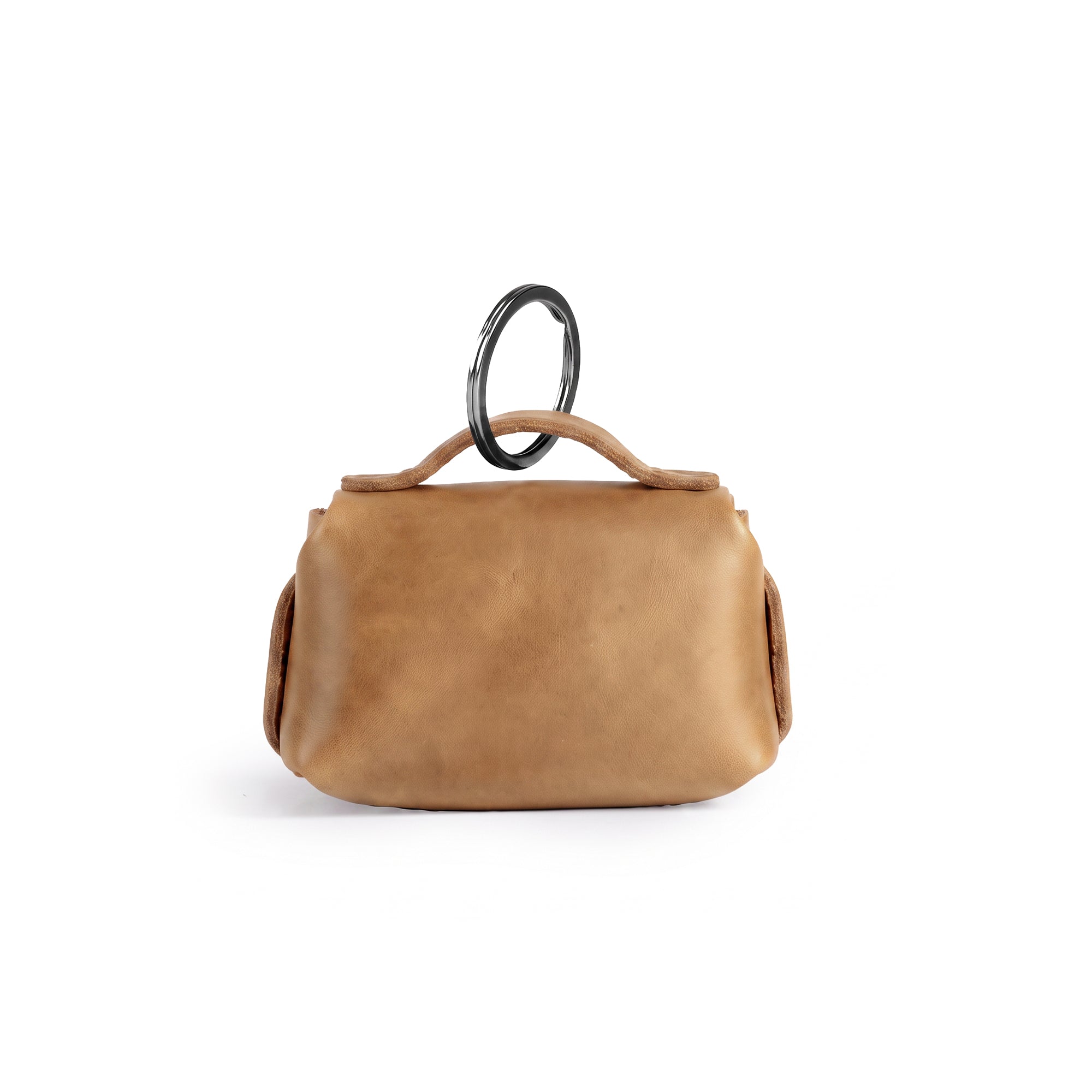 Back view of the Tiny Handbag Keychain in light brown leather, highlighting its sturdy design and key ring holder, created by Hide & Drink. This charming Tiny Handbag with Key Ring Holder showcases full grain leather and incorporates small batch production, hand cut, hand sewn, and fire branded techniques, artisanship from La Antigua Guatemala & Oaxaca Mexico.