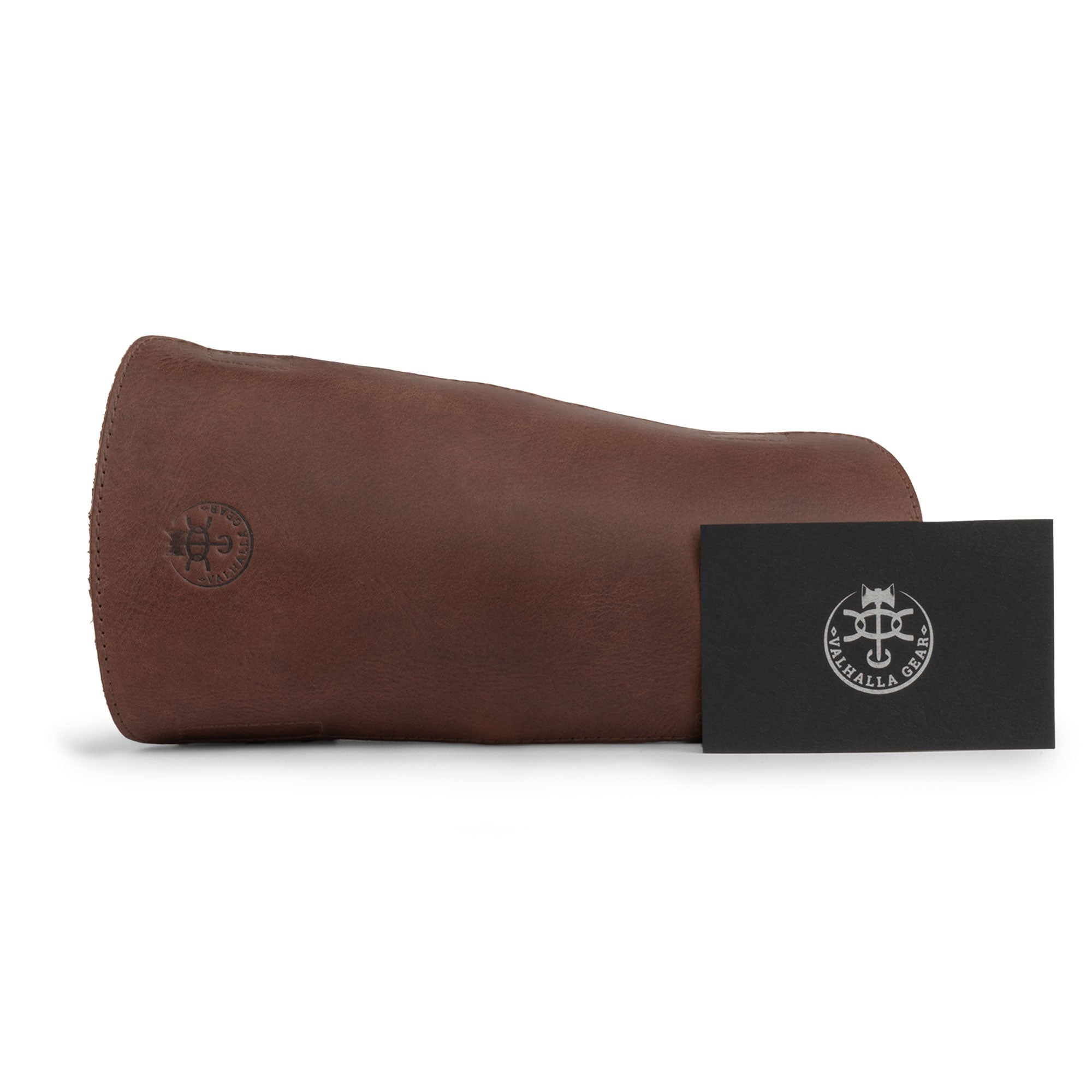 Valhalla Gear Archery Arm Guard alongside a care card, demonstrating quality craftsmanship in durable full grain leather. This artisan piece is perfect for archers seeking a forearm protector, showcasing hand cut and hand sewn details, perfect for shooting practice or LARPing.