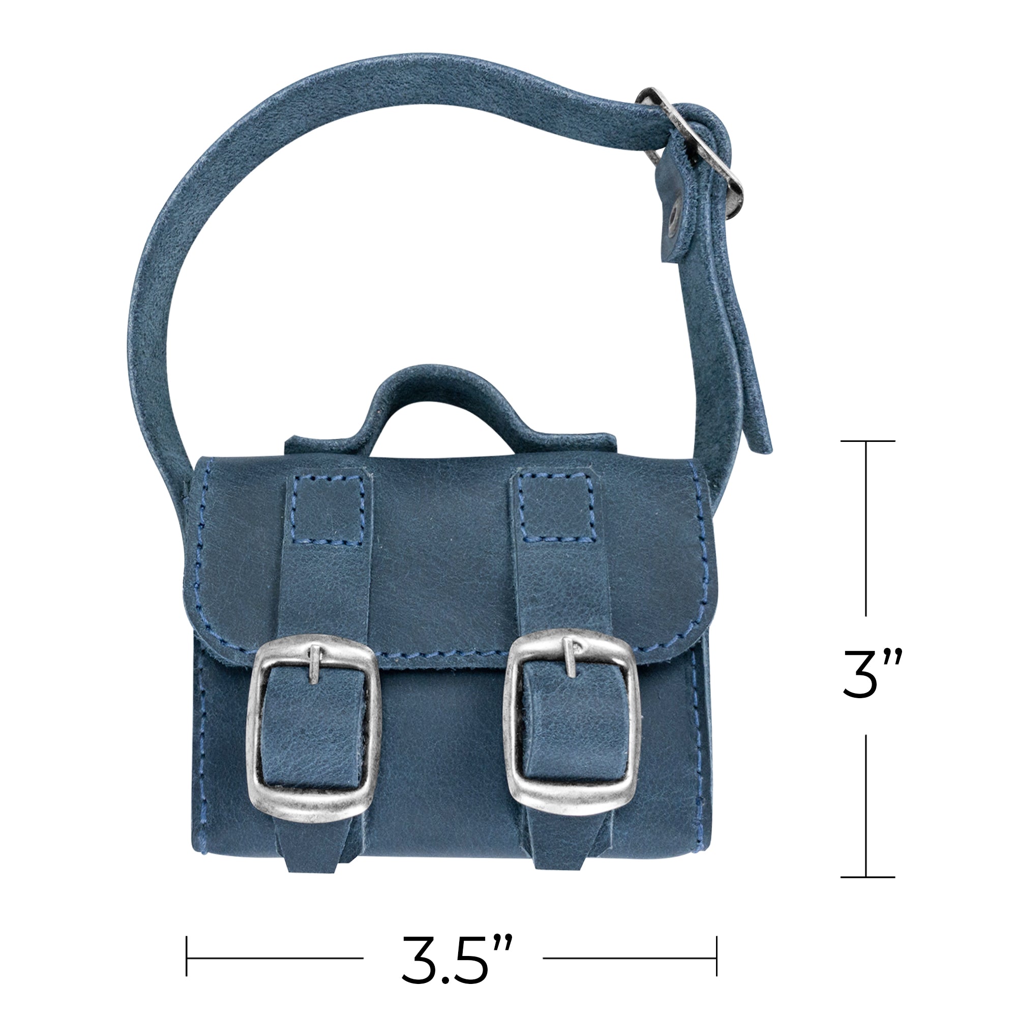 Size dimensions of the deep blue Tiny Messenger Bag by Hide & Drink, clearly showing its compact design. This Mini Messenger Bag Charm in Full Grain Leather is perfect for keychain or handbag use, showcasing artisan craftsmanship from La Antigua Guatemala.